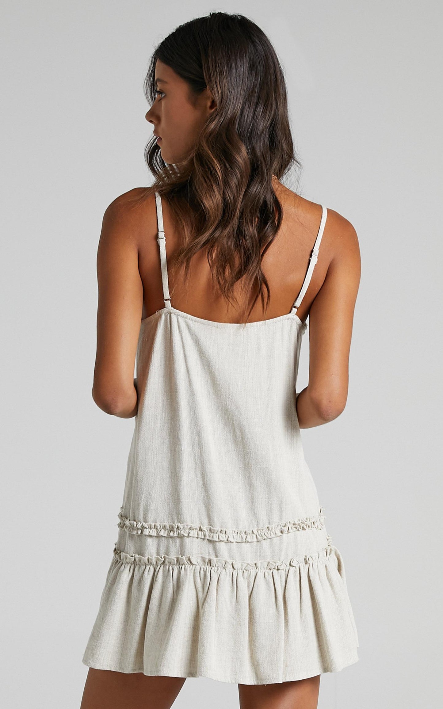 Olinda Ruffle Trim Mini Dress in Natural Linen Look