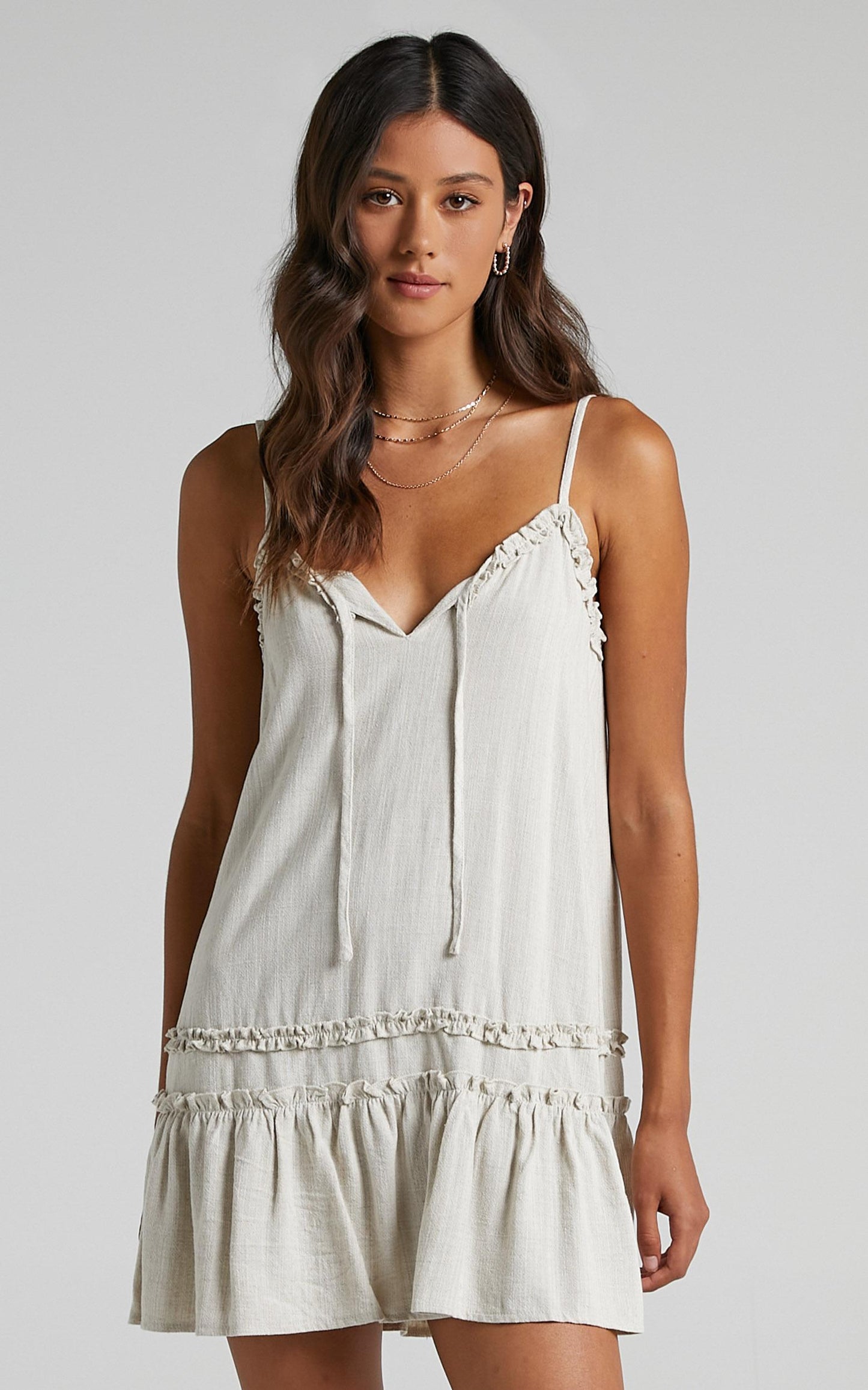 Olinda Ruffle Trim Mini Dress in Natural Linen Look