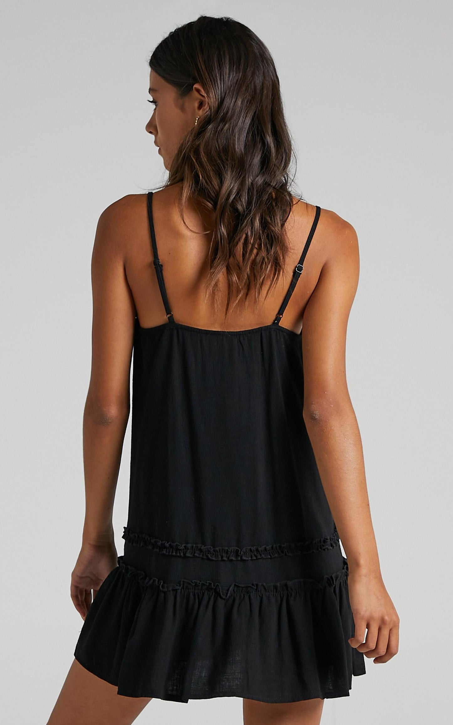 Olinda Ruffle Trim Mini Dress in Black Linen Look