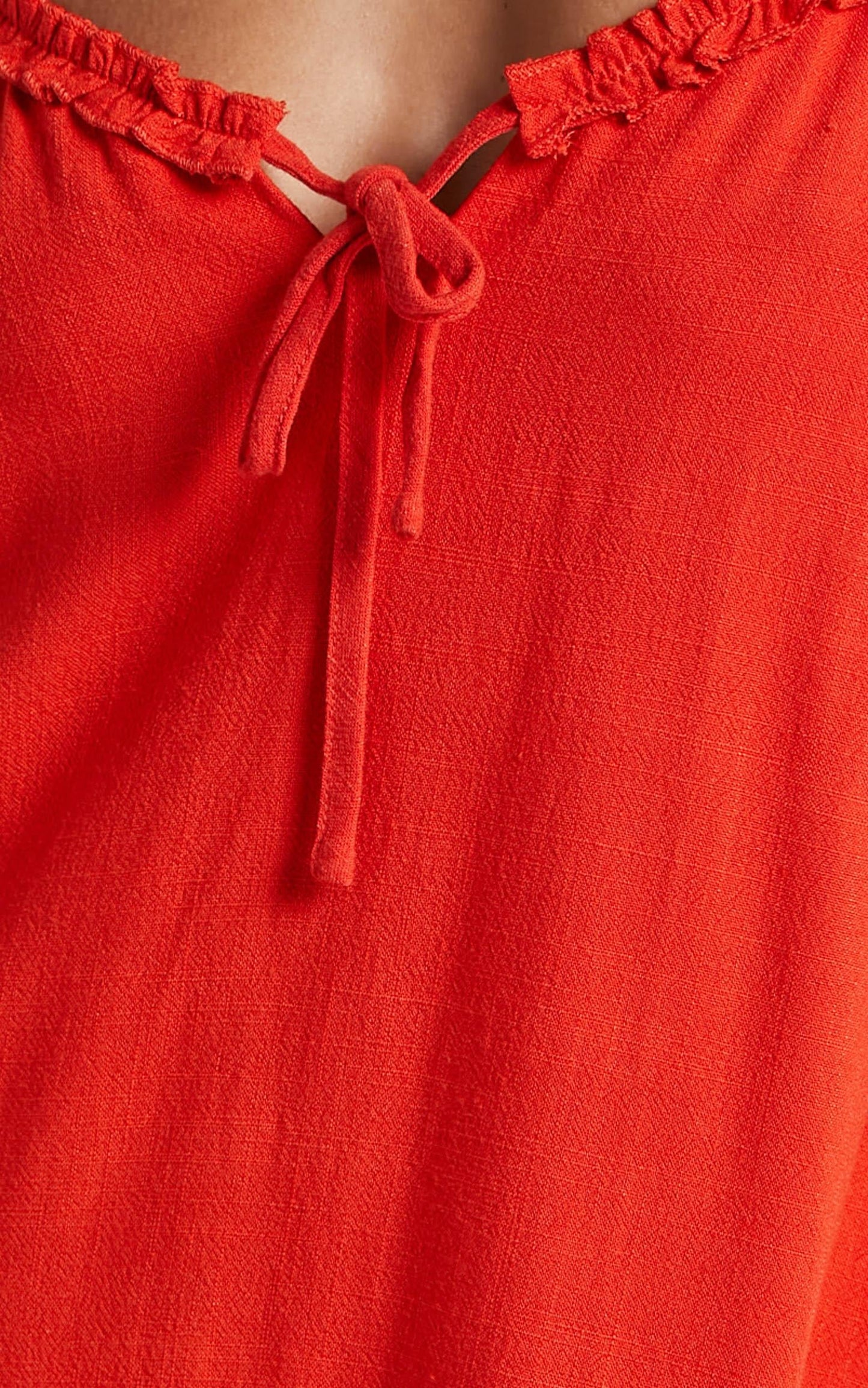 Olinda Ruffle Trim Mini Dress in Red Linen Look