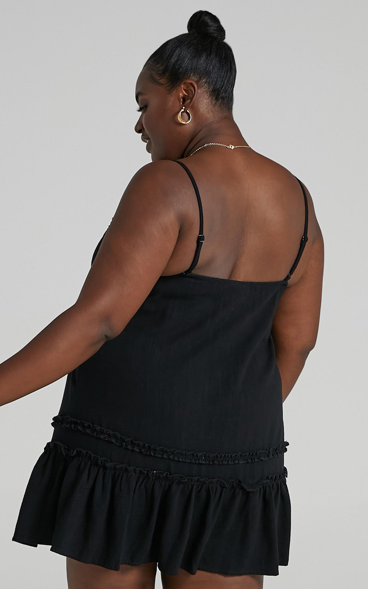 Olinda Ruffle Trim Mini Dress in Black Linen Look