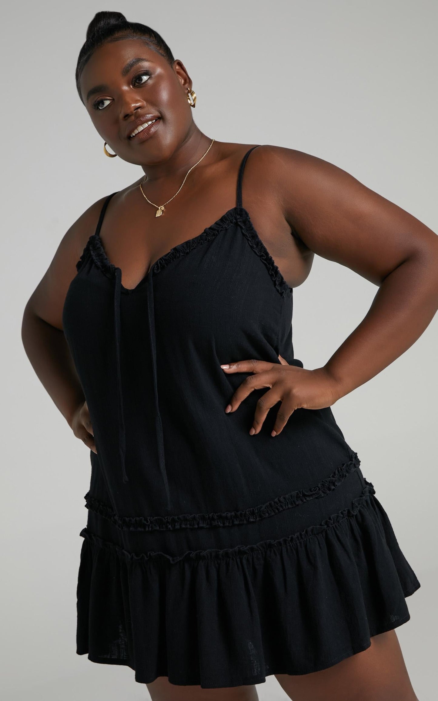 Olinda Ruffle Trim Mini Dress in Black Linen Look