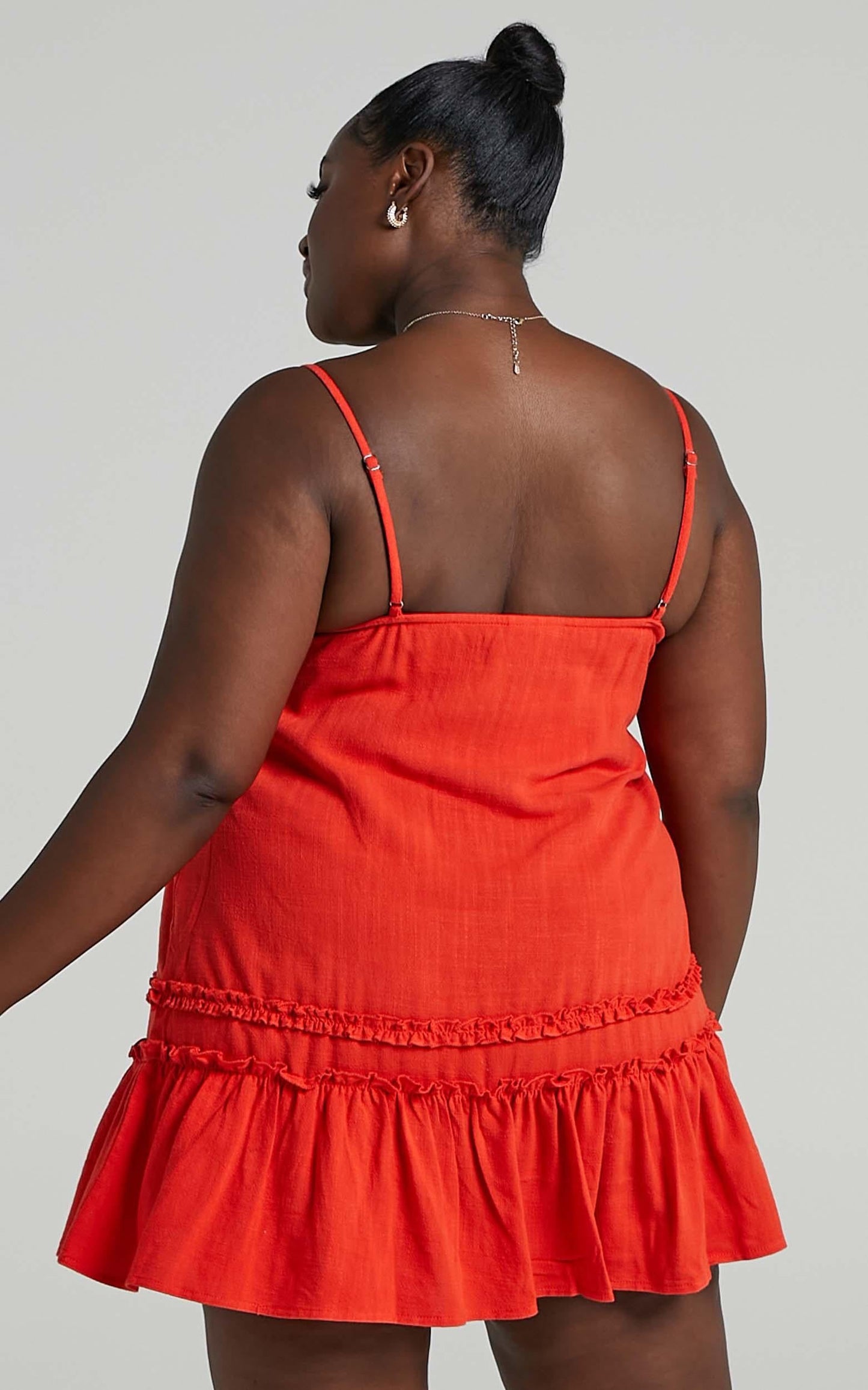 Olinda Ruffle Trim Mini Dress in Red Linen Look