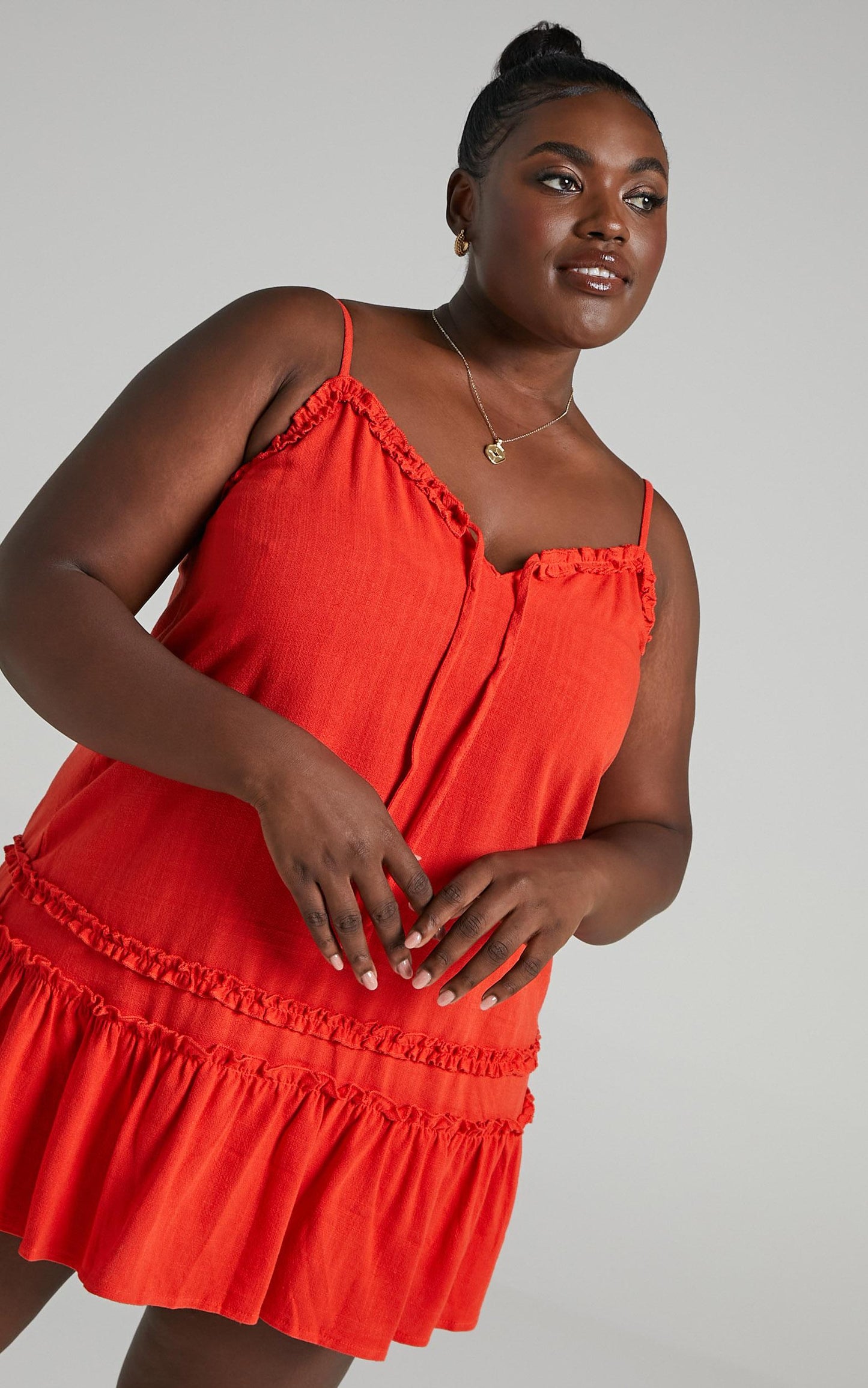 Olinda Ruffle Trim Mini Dress in Red Linen Look