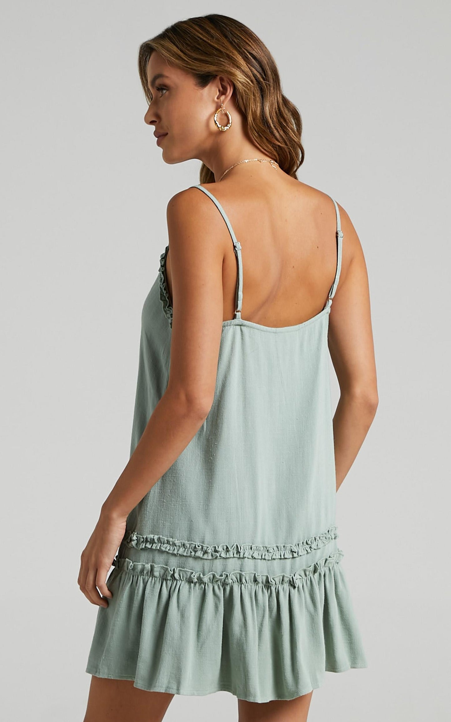 Olinda Ruffle Trim Mini Dress in Sage Linen Look