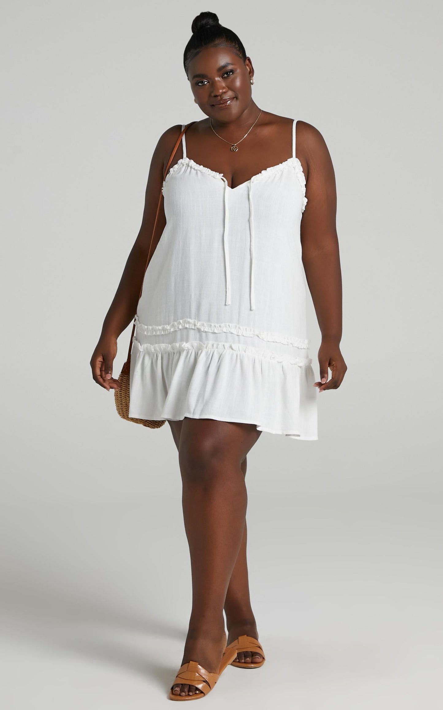 Olinda Ruffle Trim Mini Dress in White Linen Look
