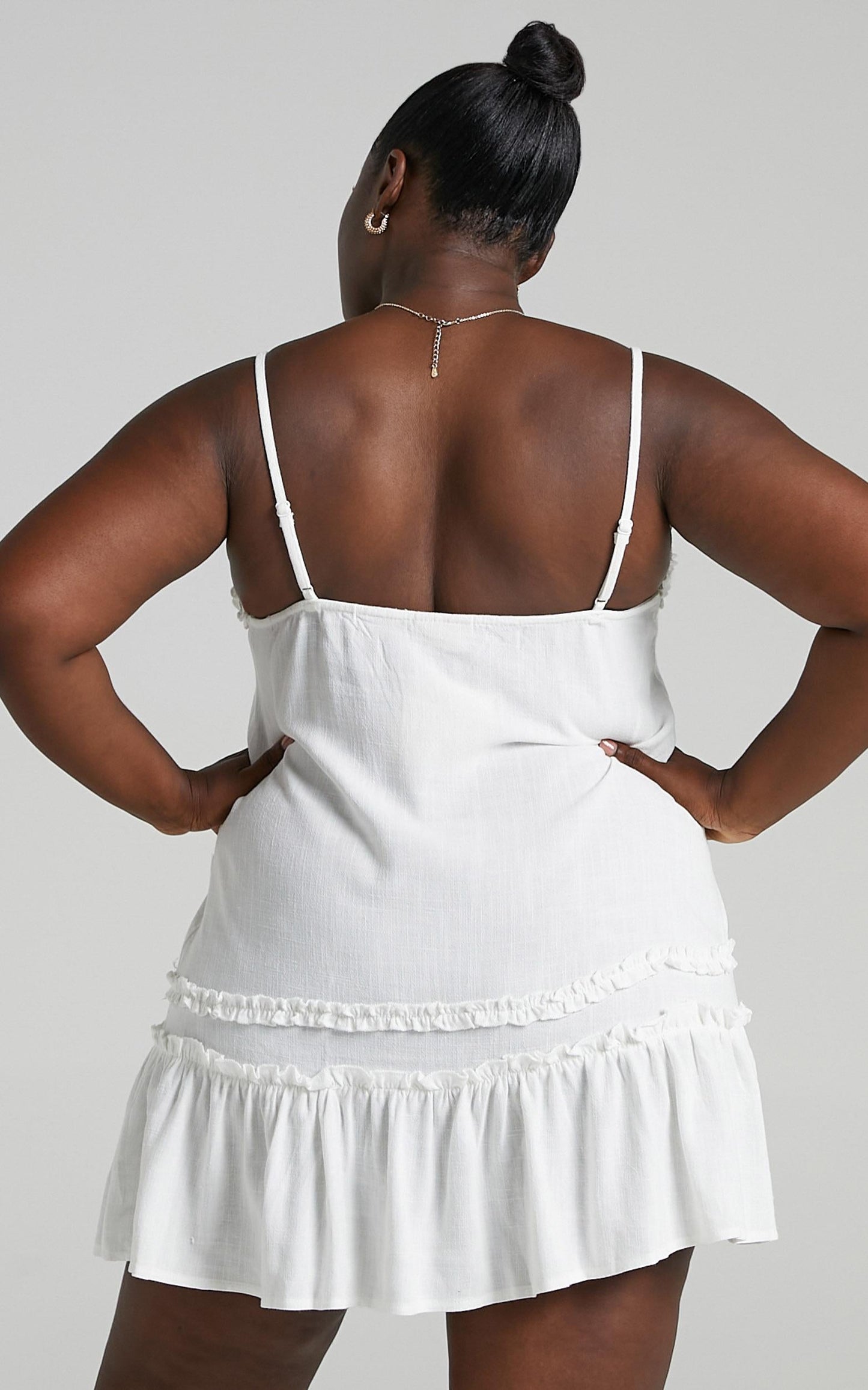 Olinda Ruffle Trim Mini Dress in White Linen Look