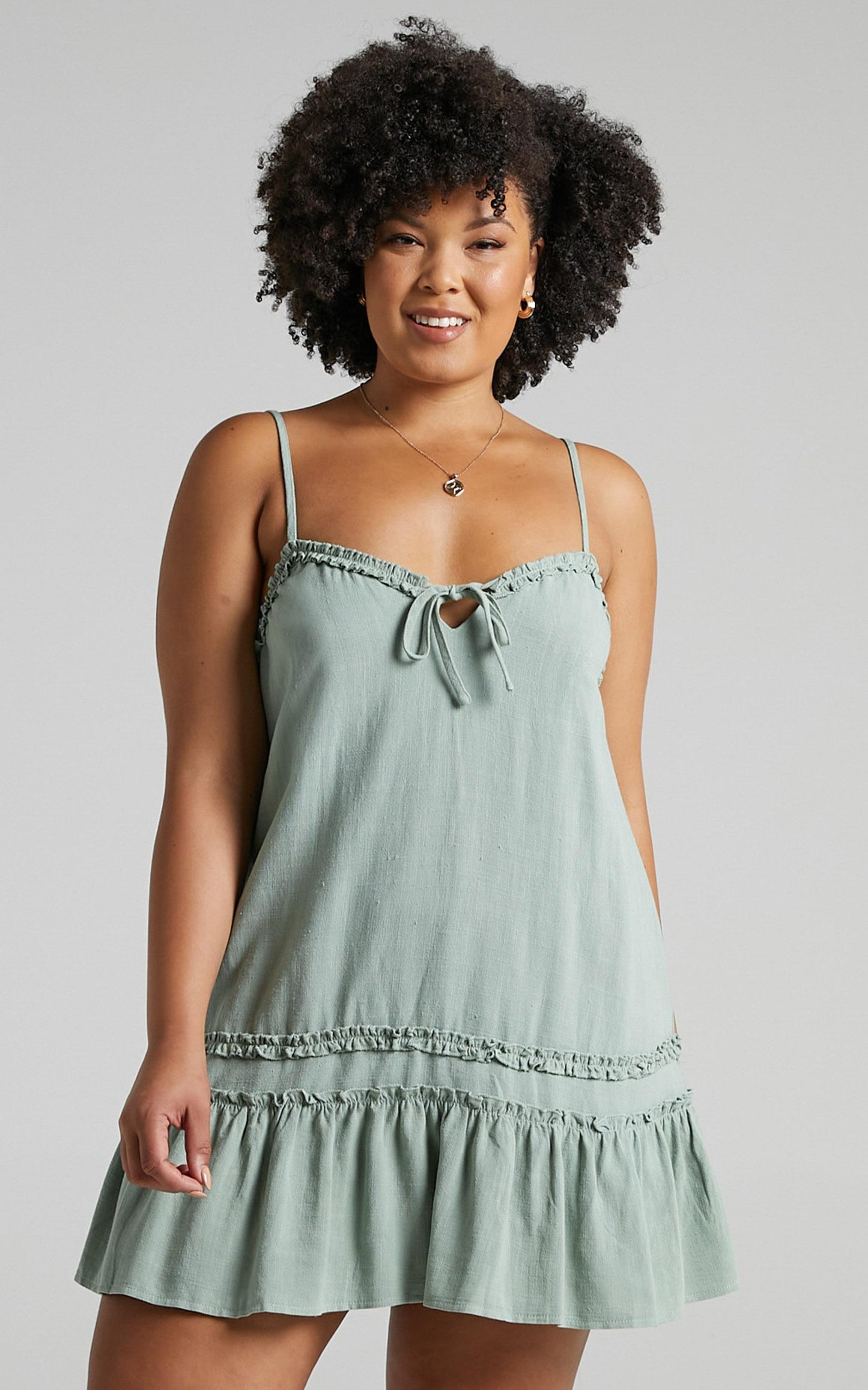 Olinda Ruffle Trim Mini Dress in Sage Linen Look