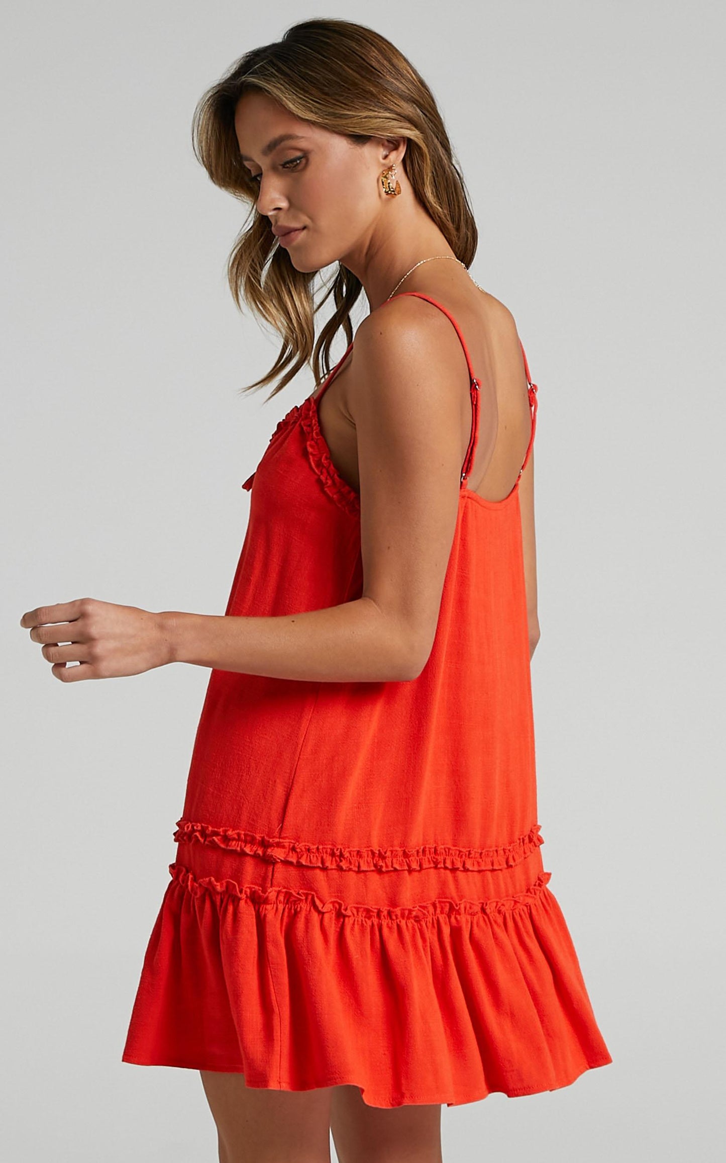 Olinda Ruffle Trim Mini Dress in Red Linen Look
