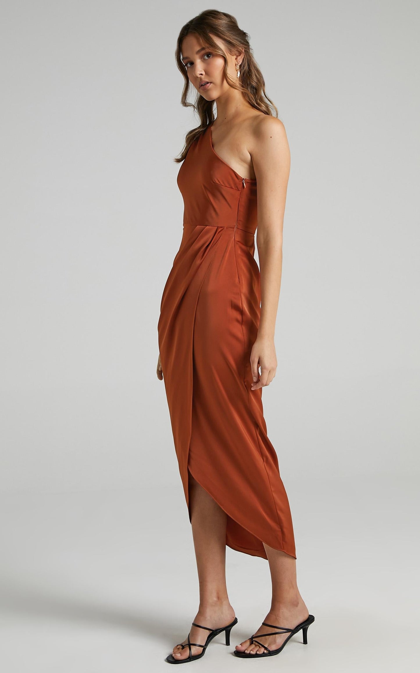 Felt So Happy Midi Dress - One Shoulder Drape Dress in Copper