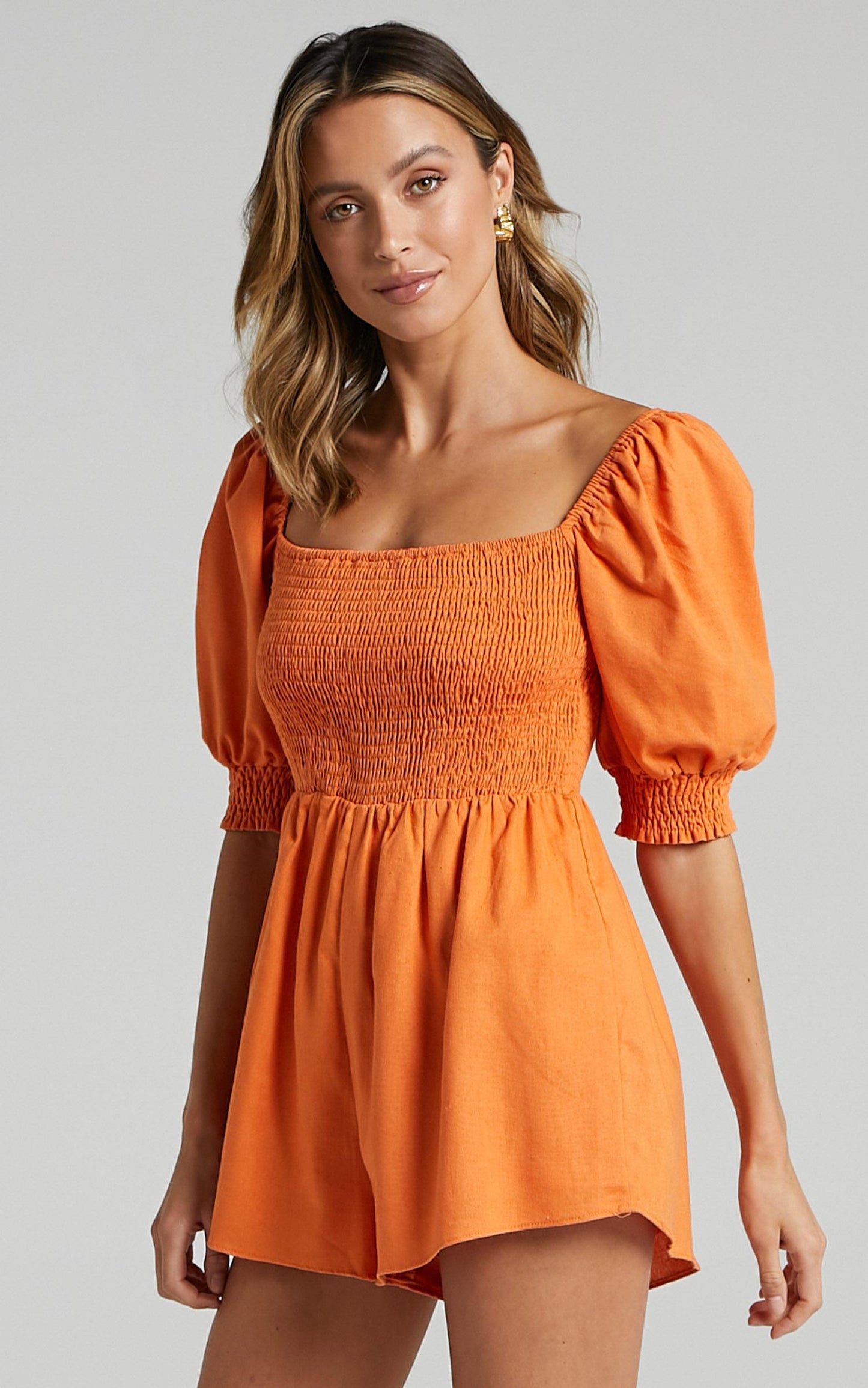 Take Action Playsuit - Linen Look Puff Sleeve Shirred Playsuit in Orange