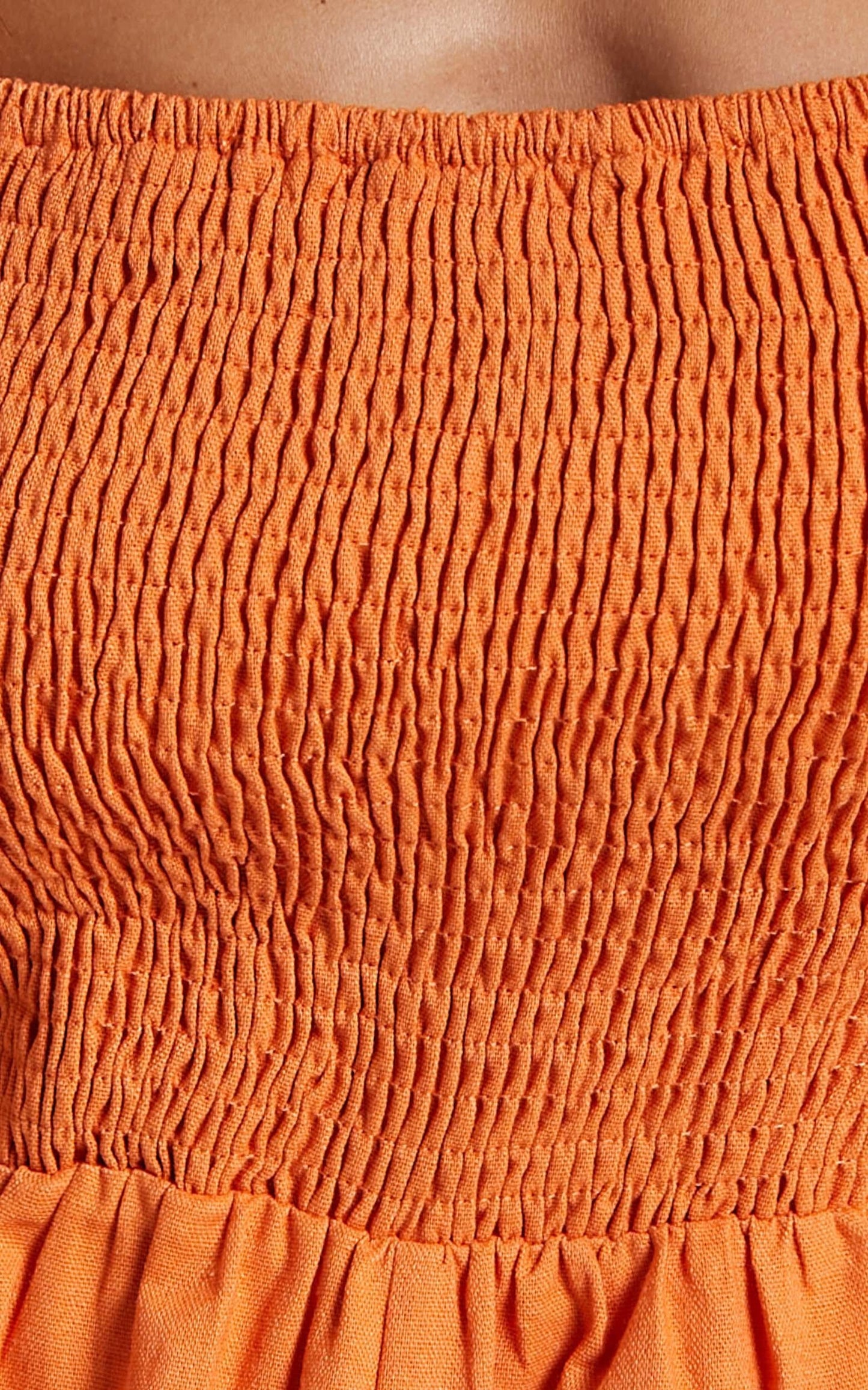 Take Action Playsuit - Linen Look Puff Sleeve Shirred Playsuit in Orange