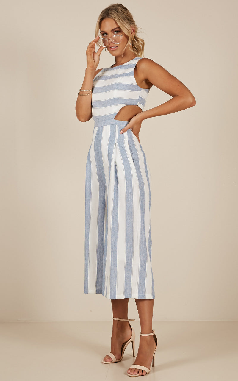 Out Dream Yourself Jumpsuit In Blue Stripe Linen Look