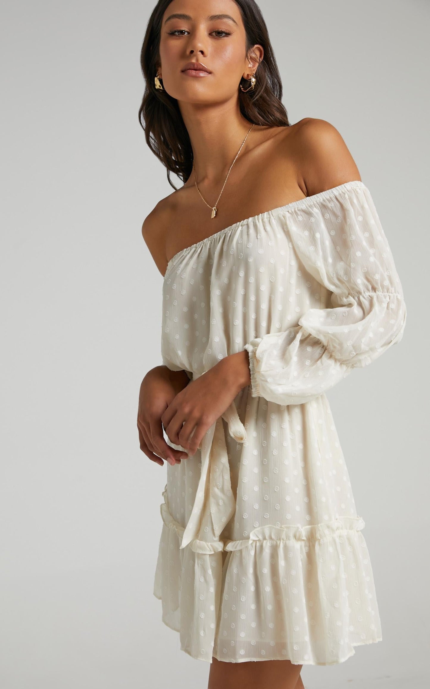 Party Life Off Shoulder Mini Dress in Cream