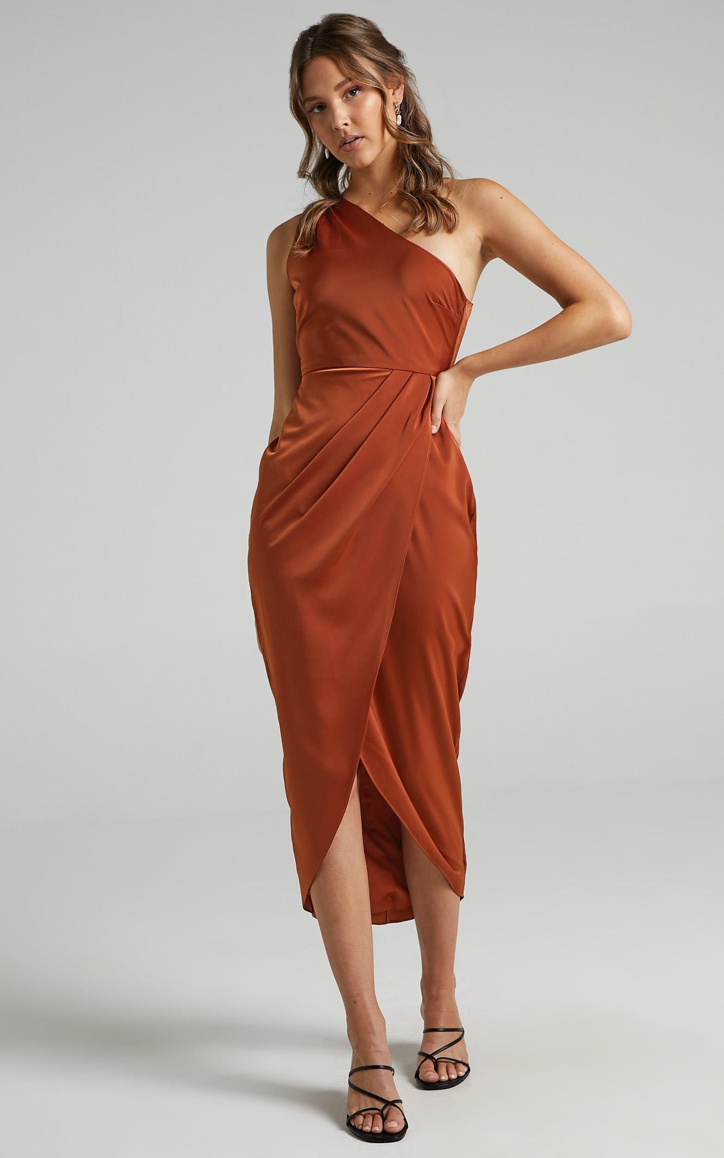 Felt So Happy Midi Dress - One Shoulder Drape Dress in Copper