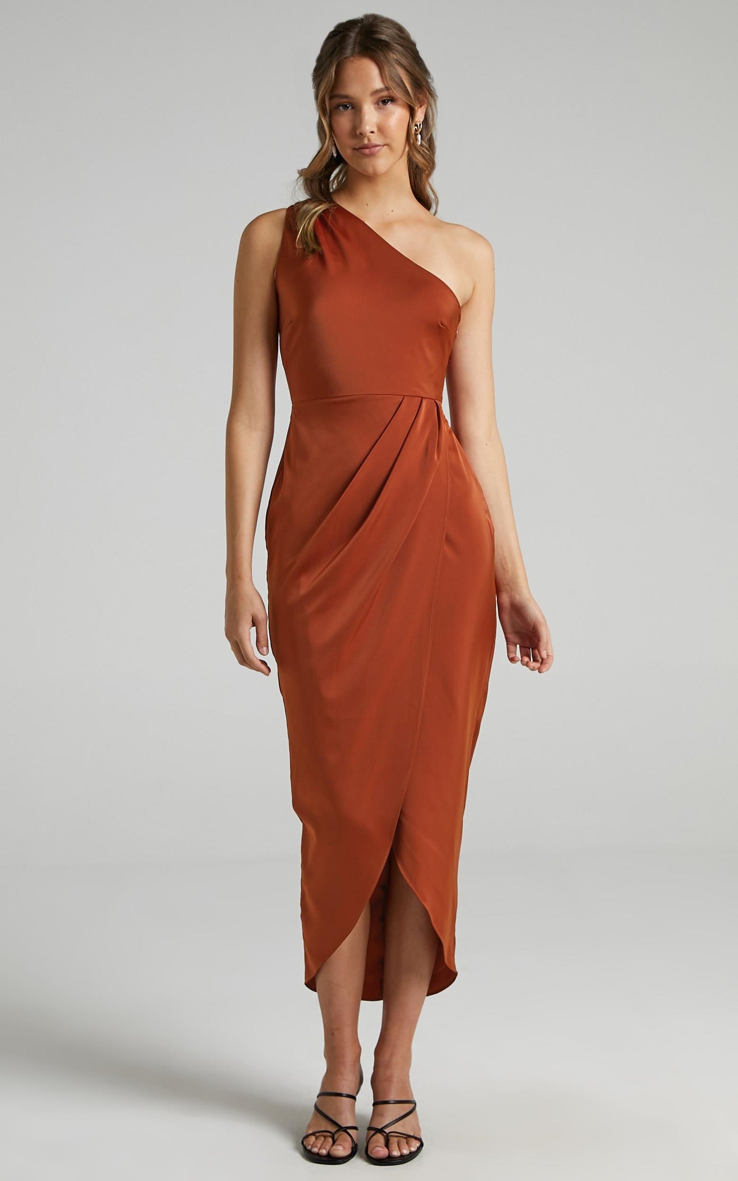 Felt So Happy Midi Dress - One Shoulder Drape Dress in Copper