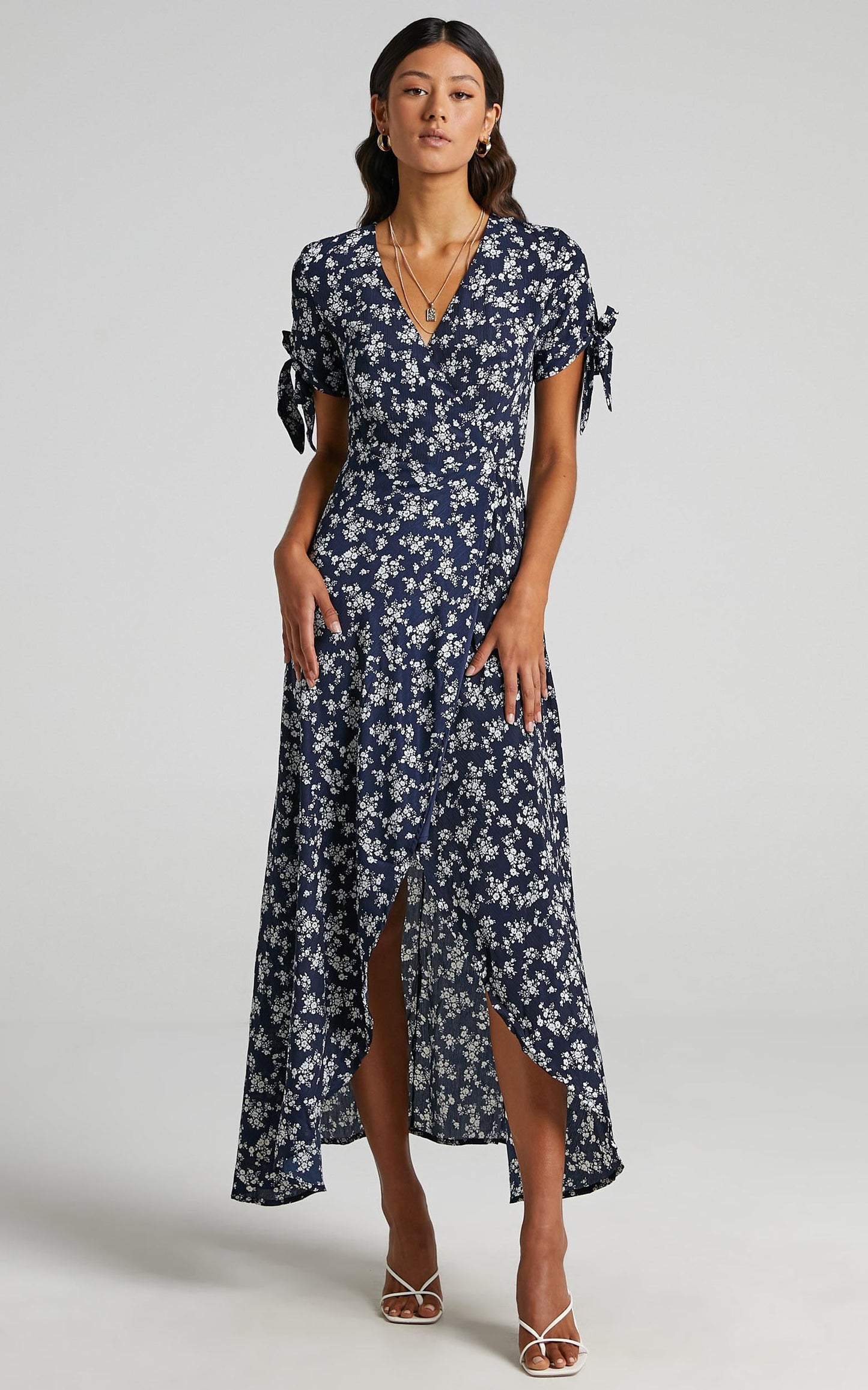 Picking It Up Wrap Maxi Dress in Navy Floral
