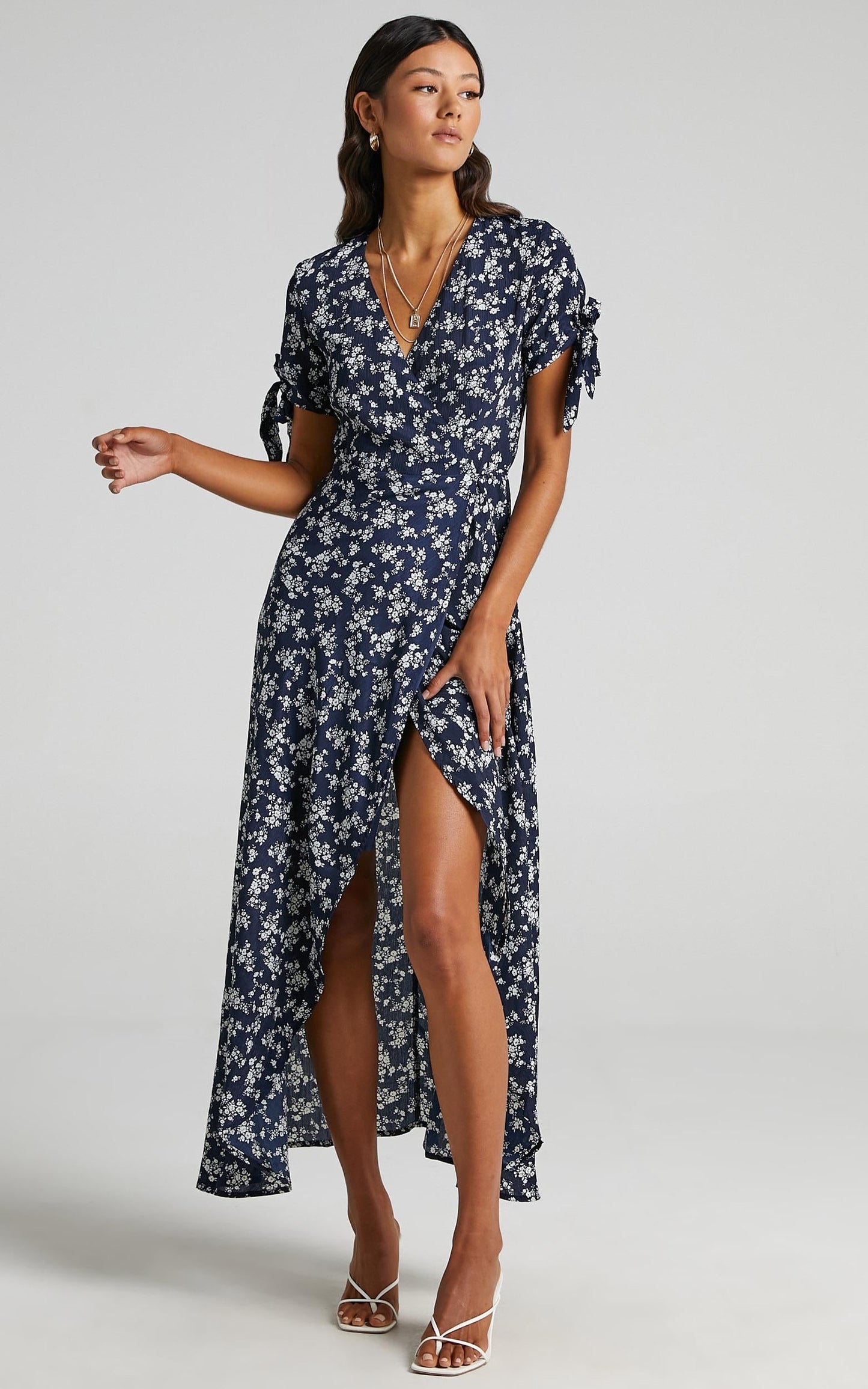 Picking It Up Wrap Maxi Dress in Navy Floral