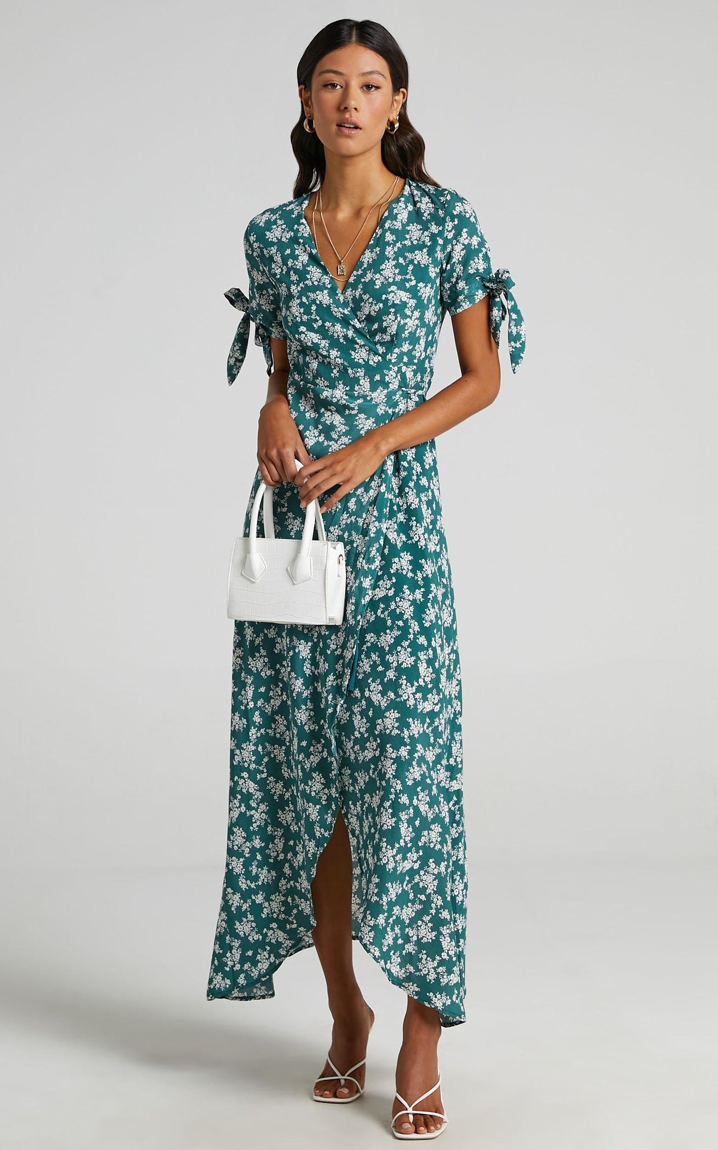 Picking It Up Wrap Maxi Dress in Teal Floral