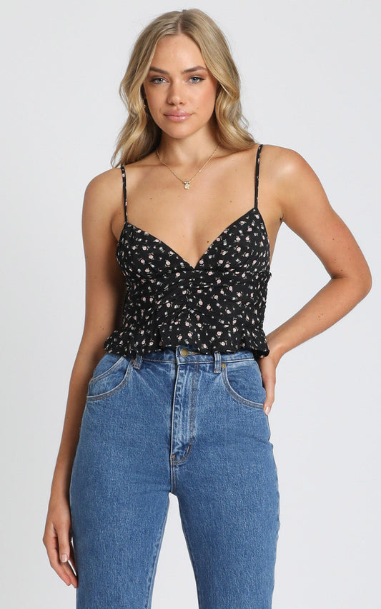 Places To Go Top in Black Floral