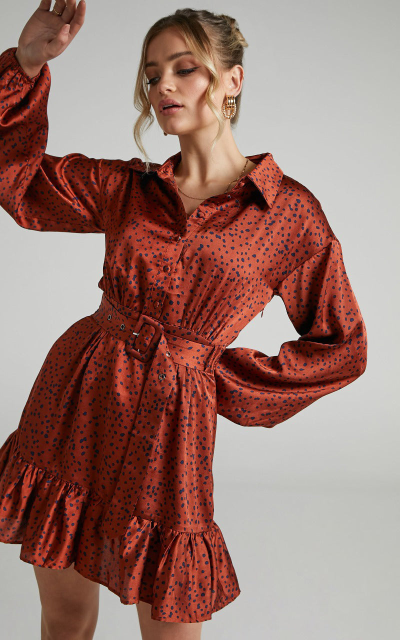 Cooma Belted Long Sleeve Collared Mini Dress in Copper Spot
