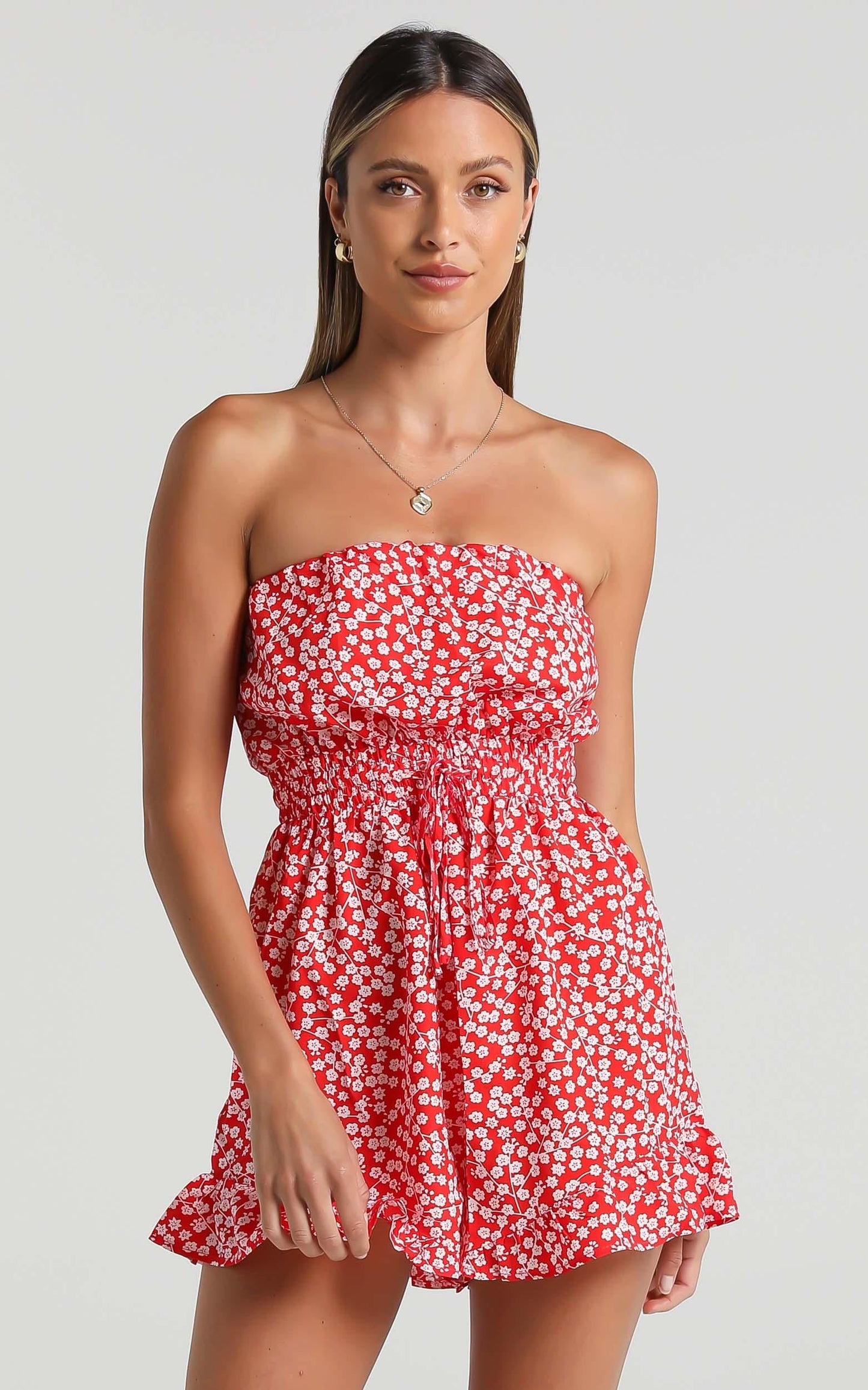 Pretty Little Lies Strapless Playsuit in Red Print