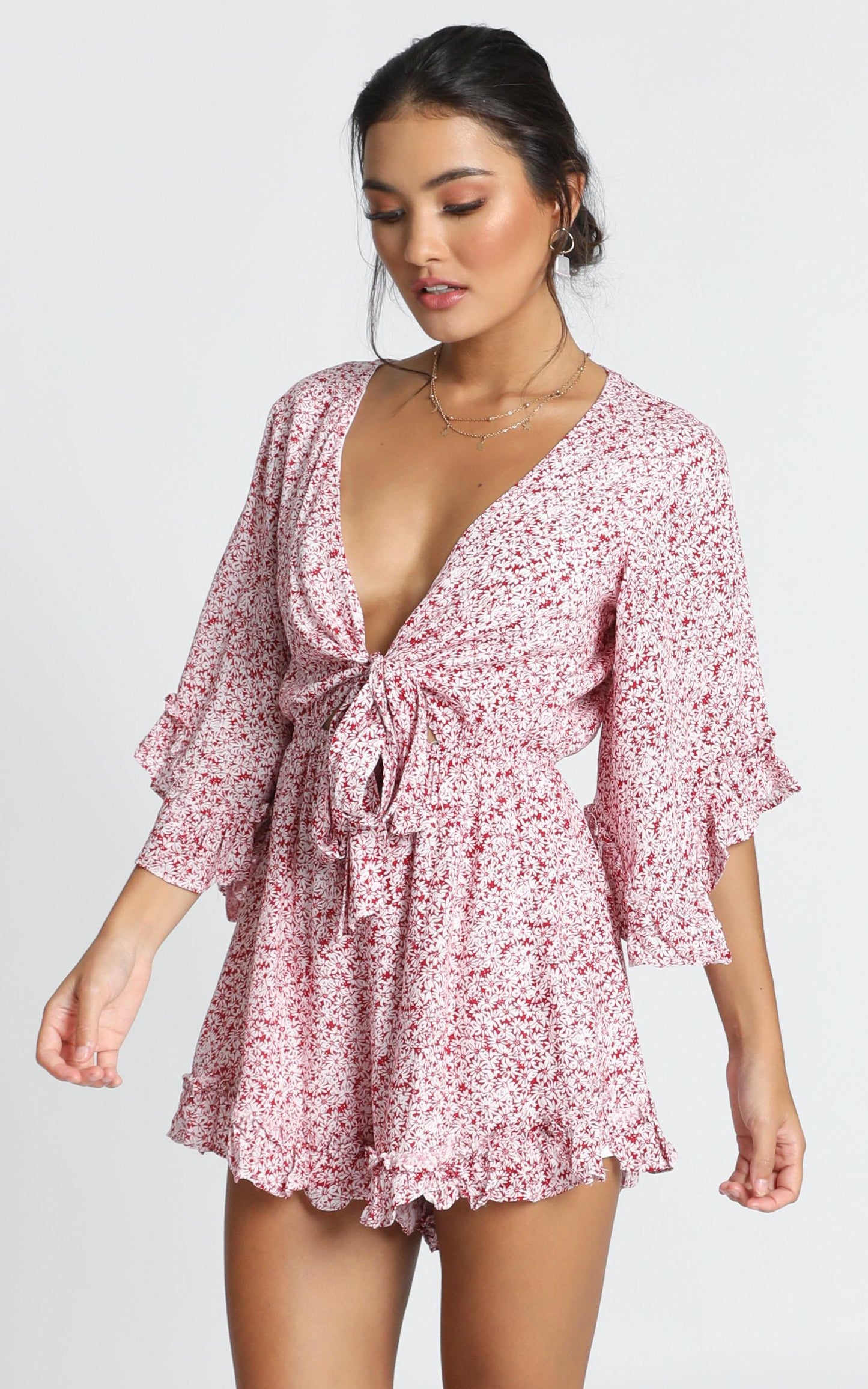Priya Tie Playsuit in Red Floral