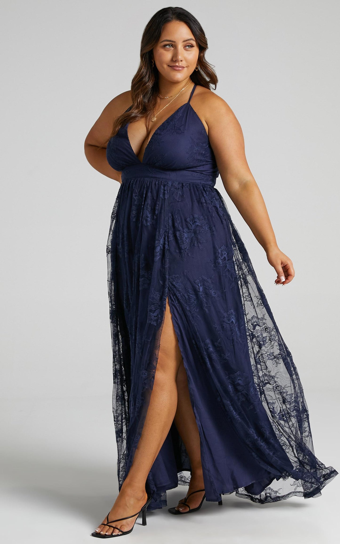 Meijel Plunge Neck Cross Back Maxi Dress in Navy Lace