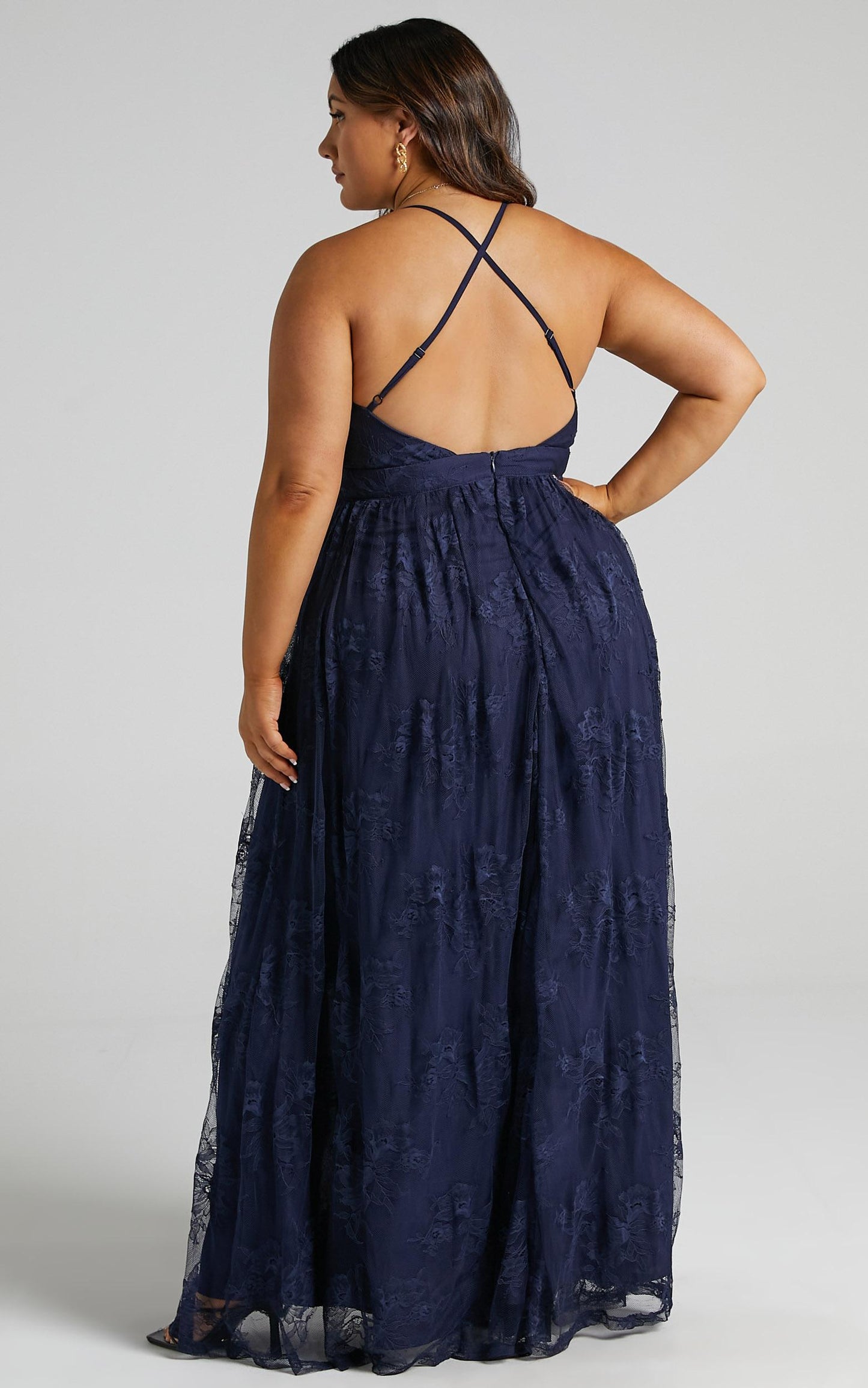 Meijel Plunge Neck Cross Back Maxi Dress in Navy Lace