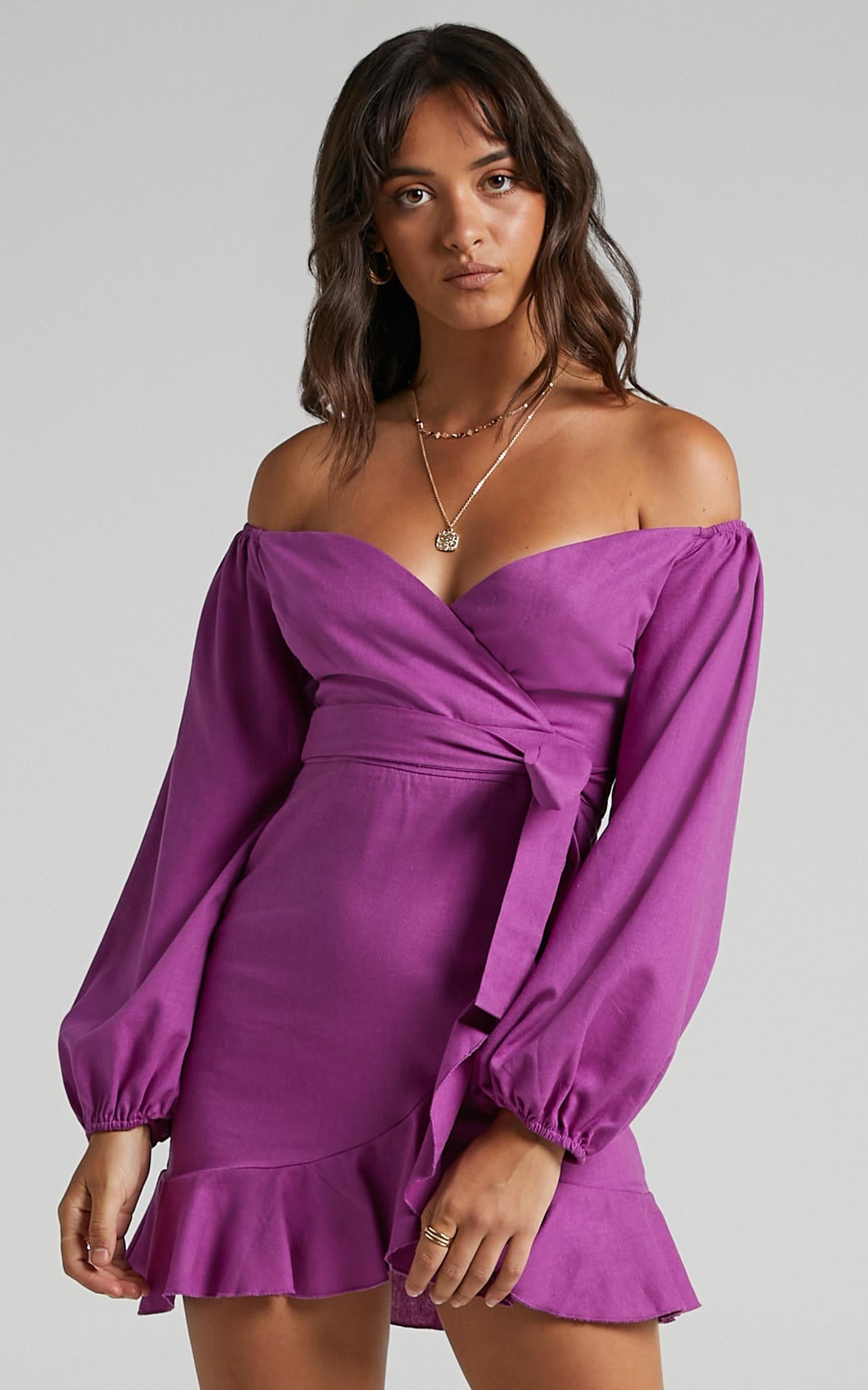 Cant Move On Off Shoulder Mini Dress in Dark Orchid