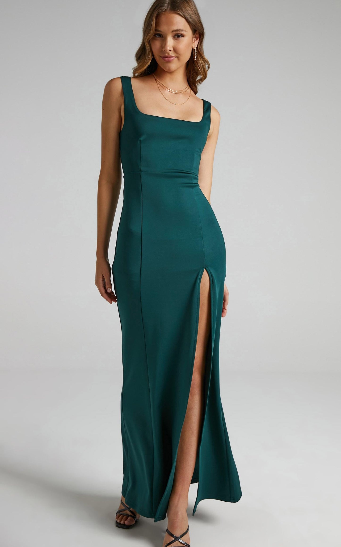 Raquelle Maxi Dress - Square Neck Thigh Split Dress in Emerald