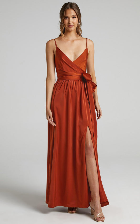 Revolve Around Me Midi Dress - V Neck Wrap Dress in Copper