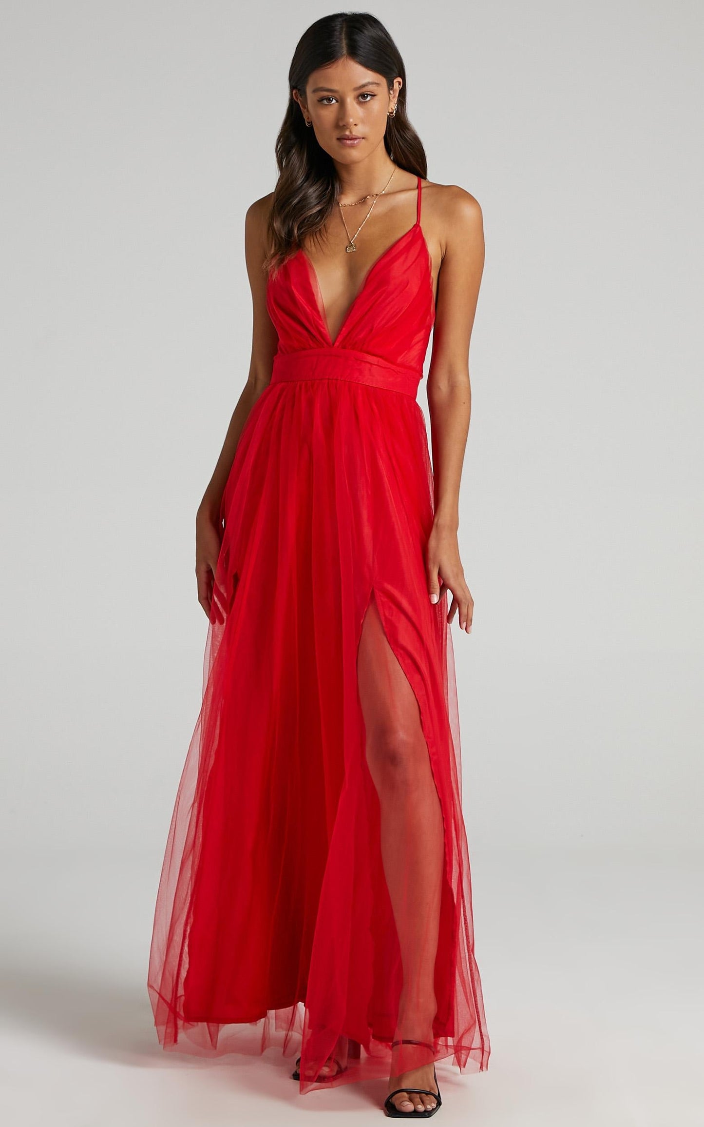 Tell Me Lies Midi Dress - Plunge Cross Back Dress in Red Tulle