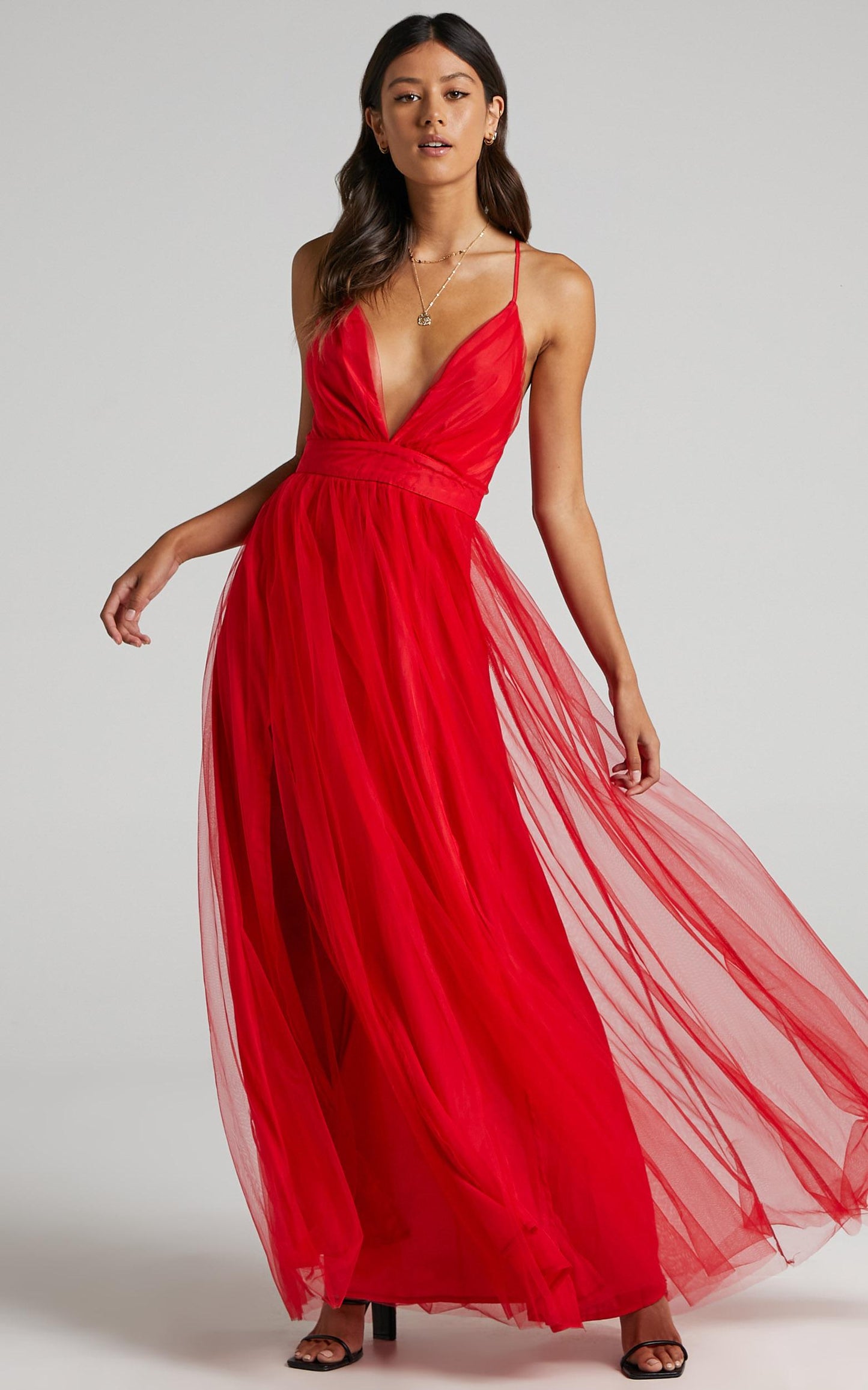 Tell Me Lies Midi Dress - Plunge Cross Back Dress in Red Tulle