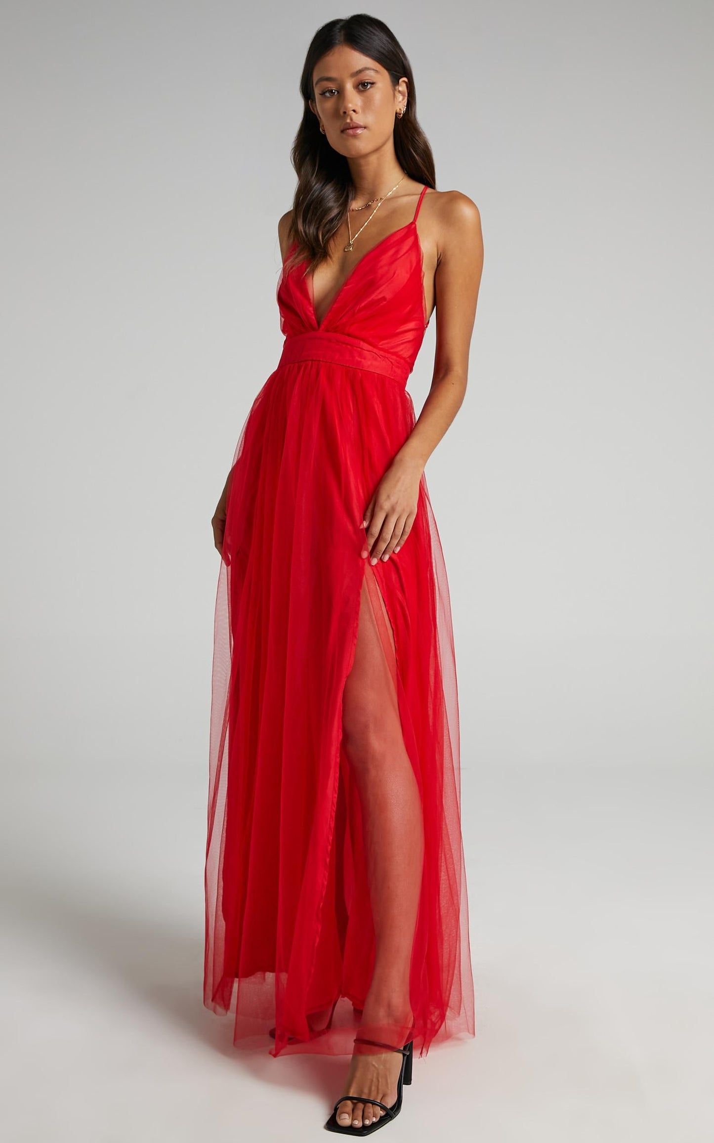 Tell Me Lies Midi Dress - Plunge Cross Back Dress in Red Tulle