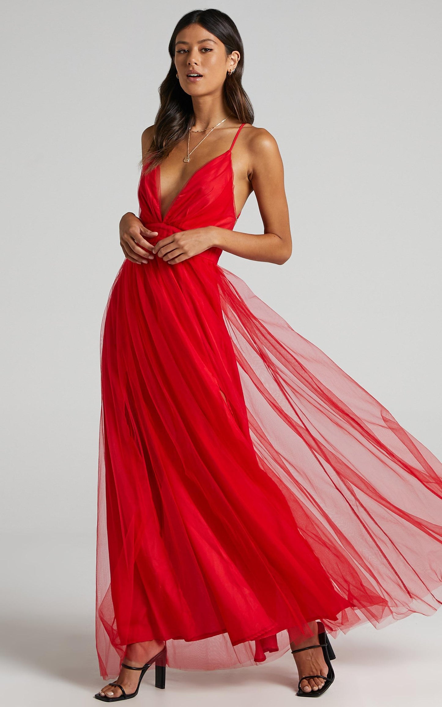 Tell Me Lies Midi Dress - Plunge Cross Back Dress in Red Tulle