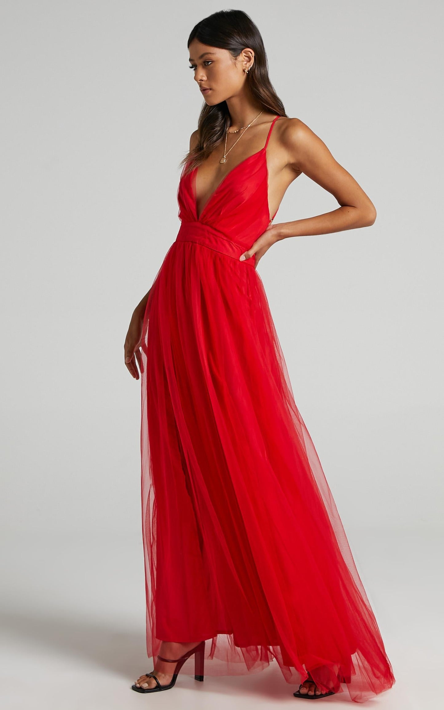 Tell Me Lies Midi Dress - Plunge Cross Back Dress in Red Tulle