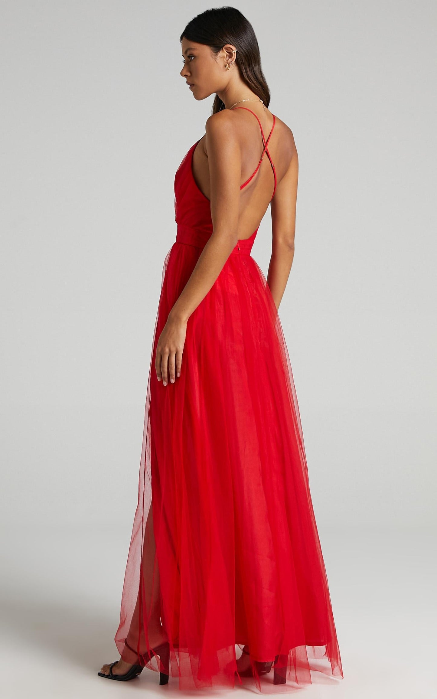 Tell Me Lies Midi Dress - Plunge Cross Back Dress in Red Tulle