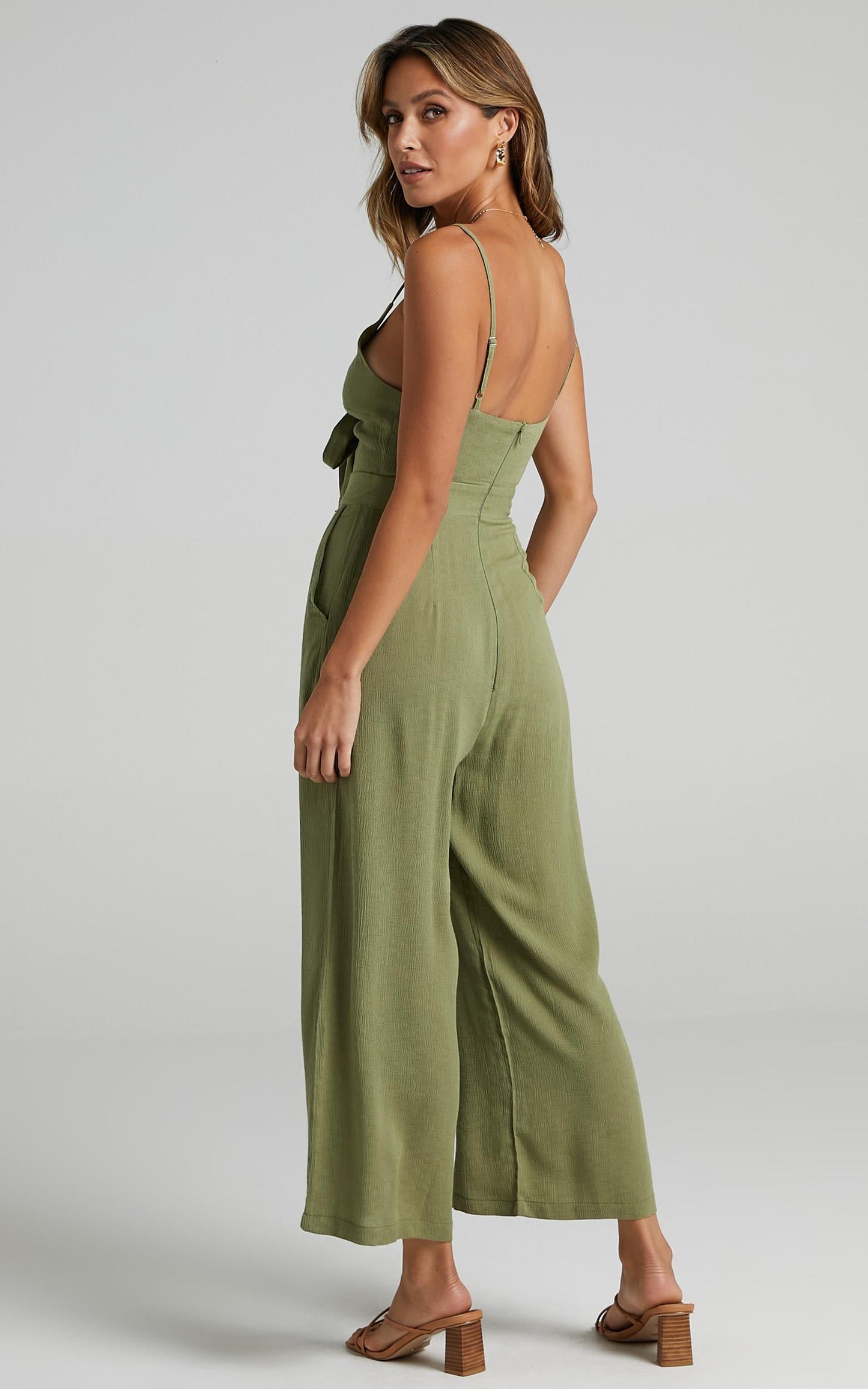 Renewed Jumpsuit in Khaki Linen Look