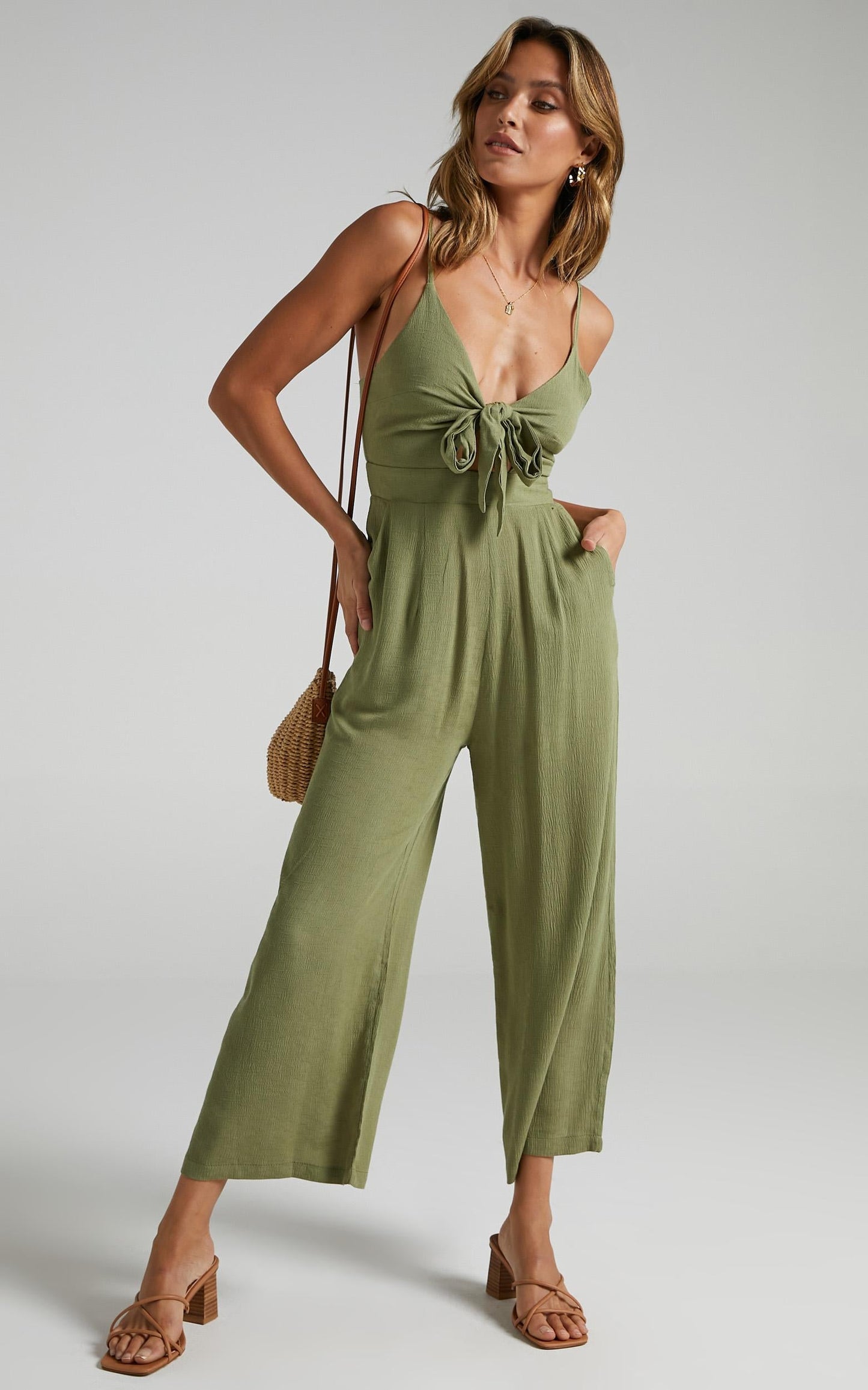 Renewed Jumpsuit in Khaki Linen Look