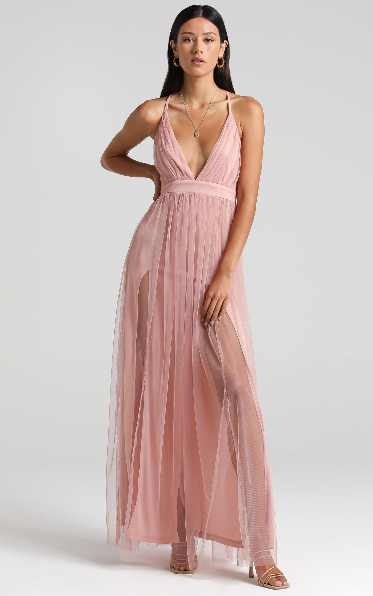 Like A Vision Plunge Maxi Dress in Blush Tulle