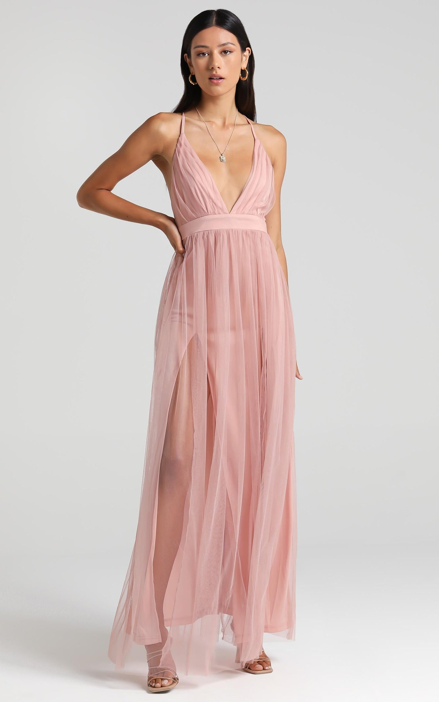 Like A Vision Plunge Maxi Dress in Blush Tulle