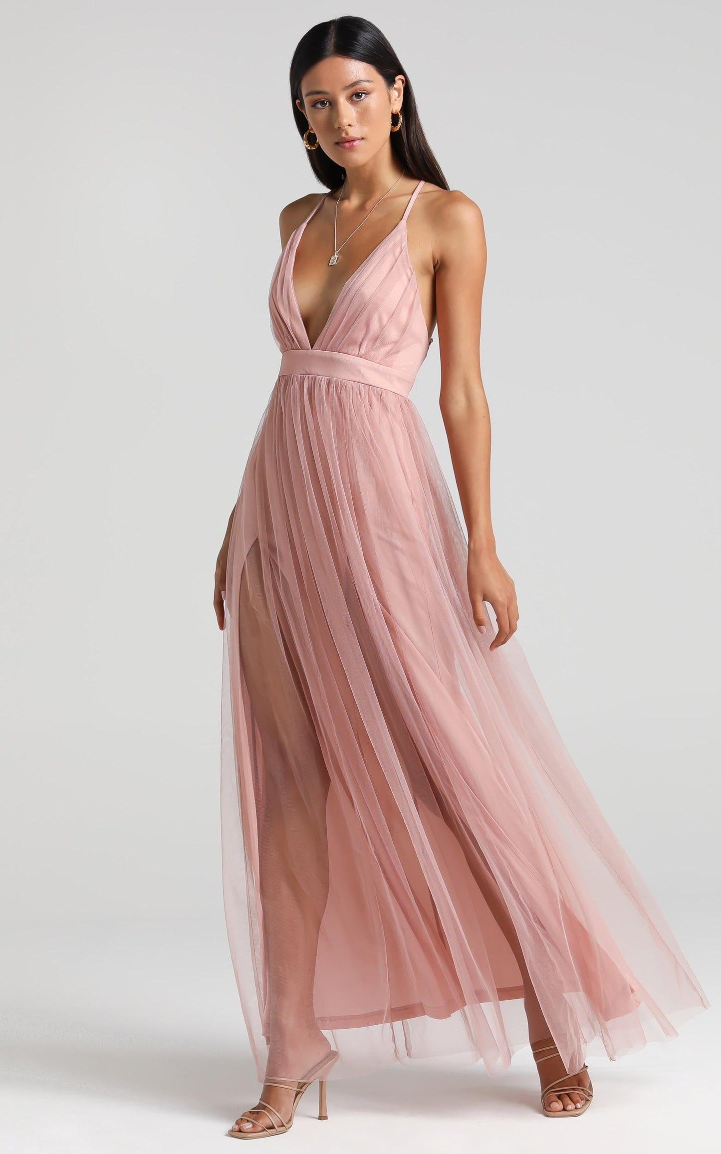 Like A Vision Plunge Maxi Dress in Blush Tulle