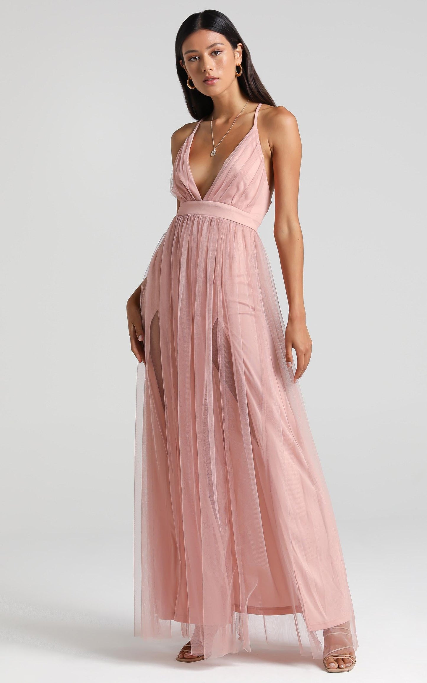 Like A Vision Plunge Maxi Dress in Blush Tulle