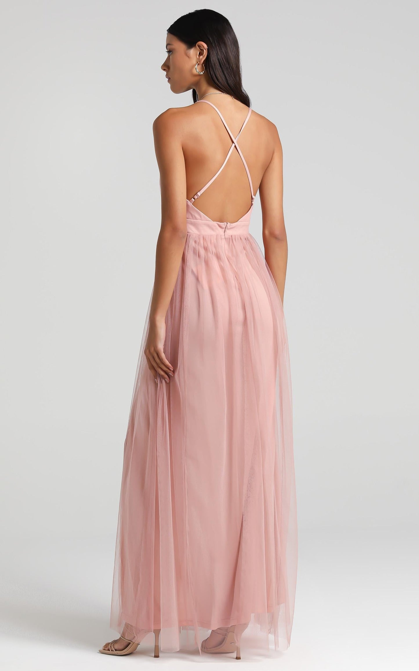 Like A Vision Plunge Maxi Dress in Blush Tulle