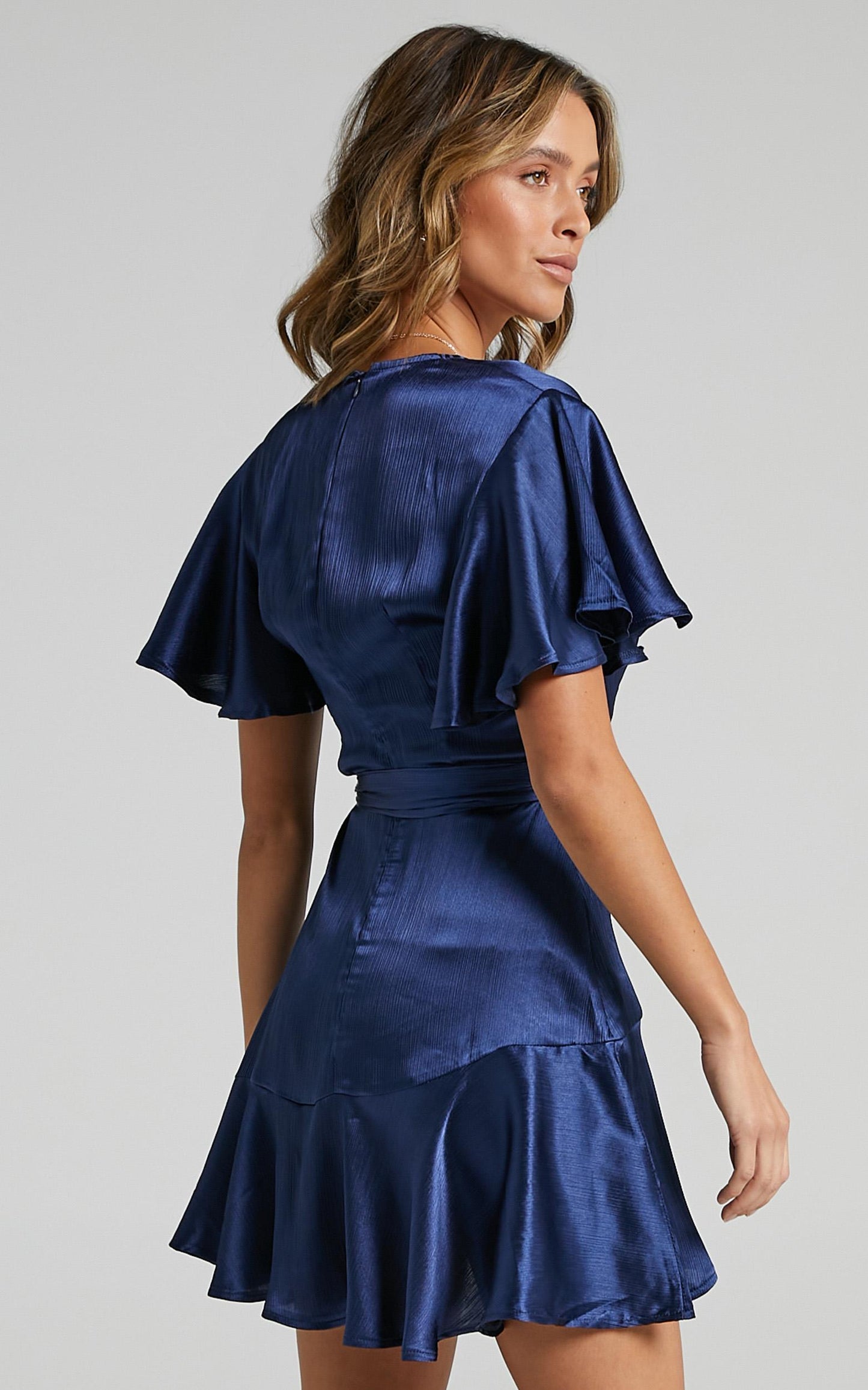 All I Want To Be Mini Dress - Ruffle Wrap Dress in Navy Satin