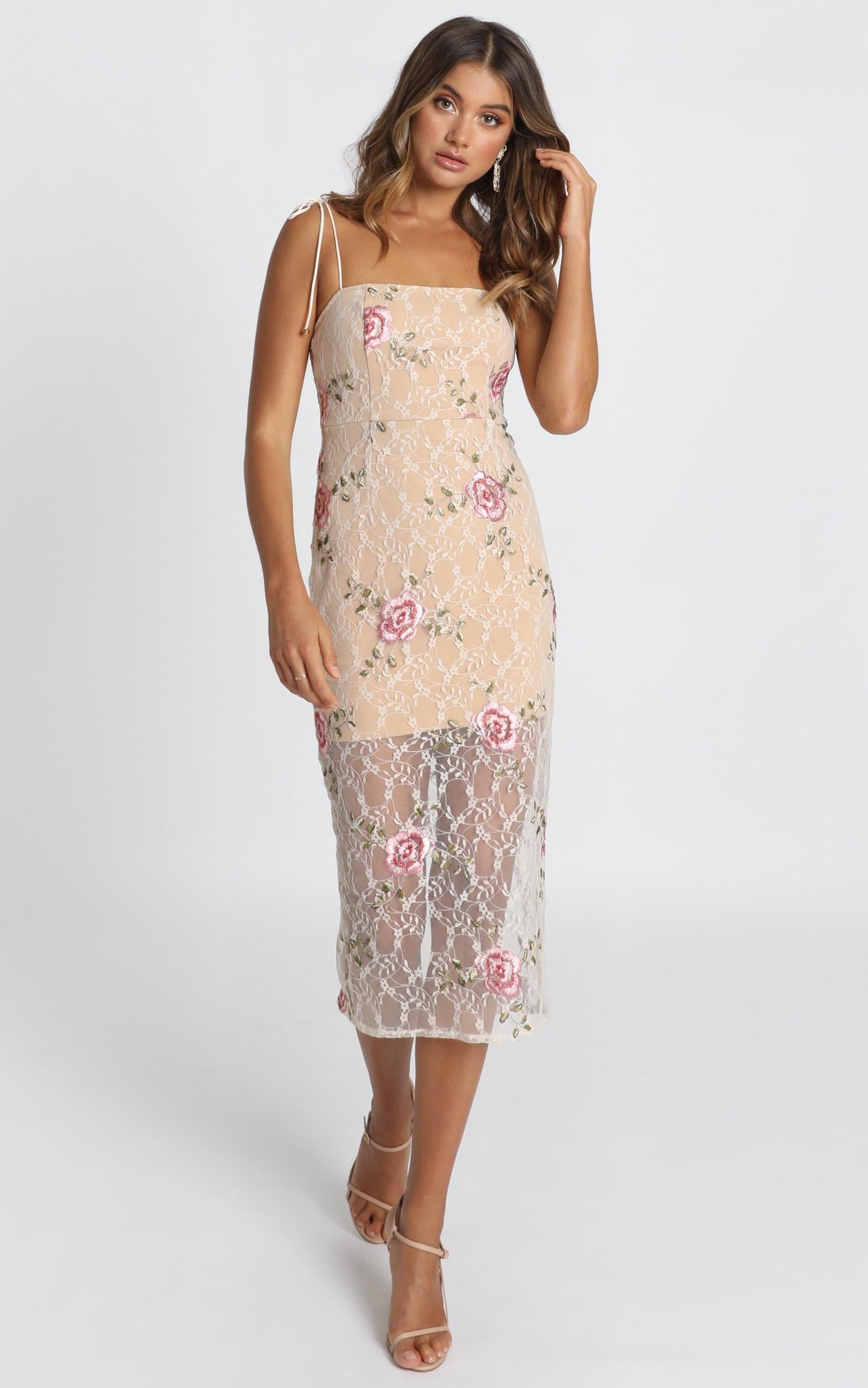 Can We just Talk Dress In Beige Floral Lace