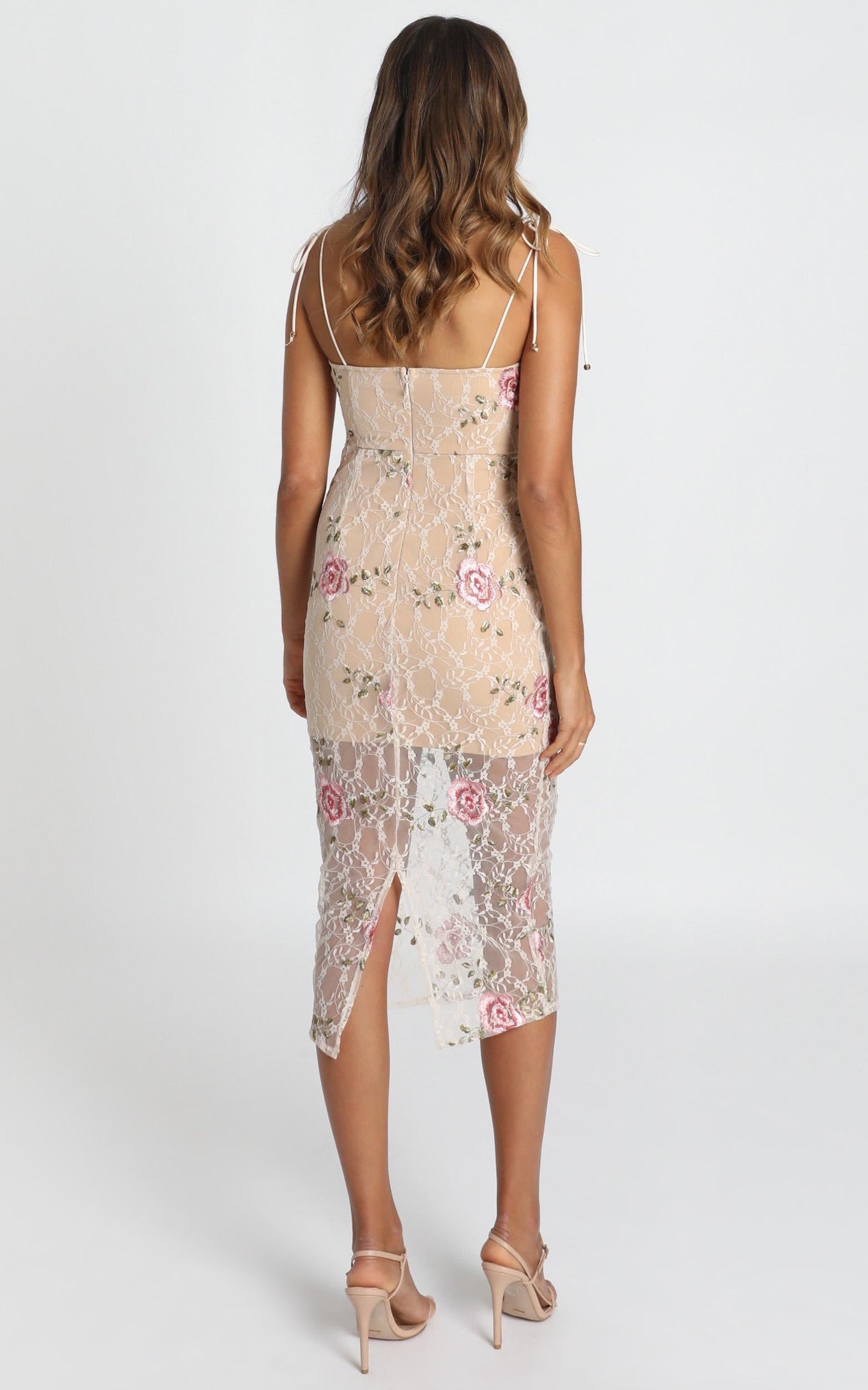 Can We just Talk Dress In Beige Floral Lace