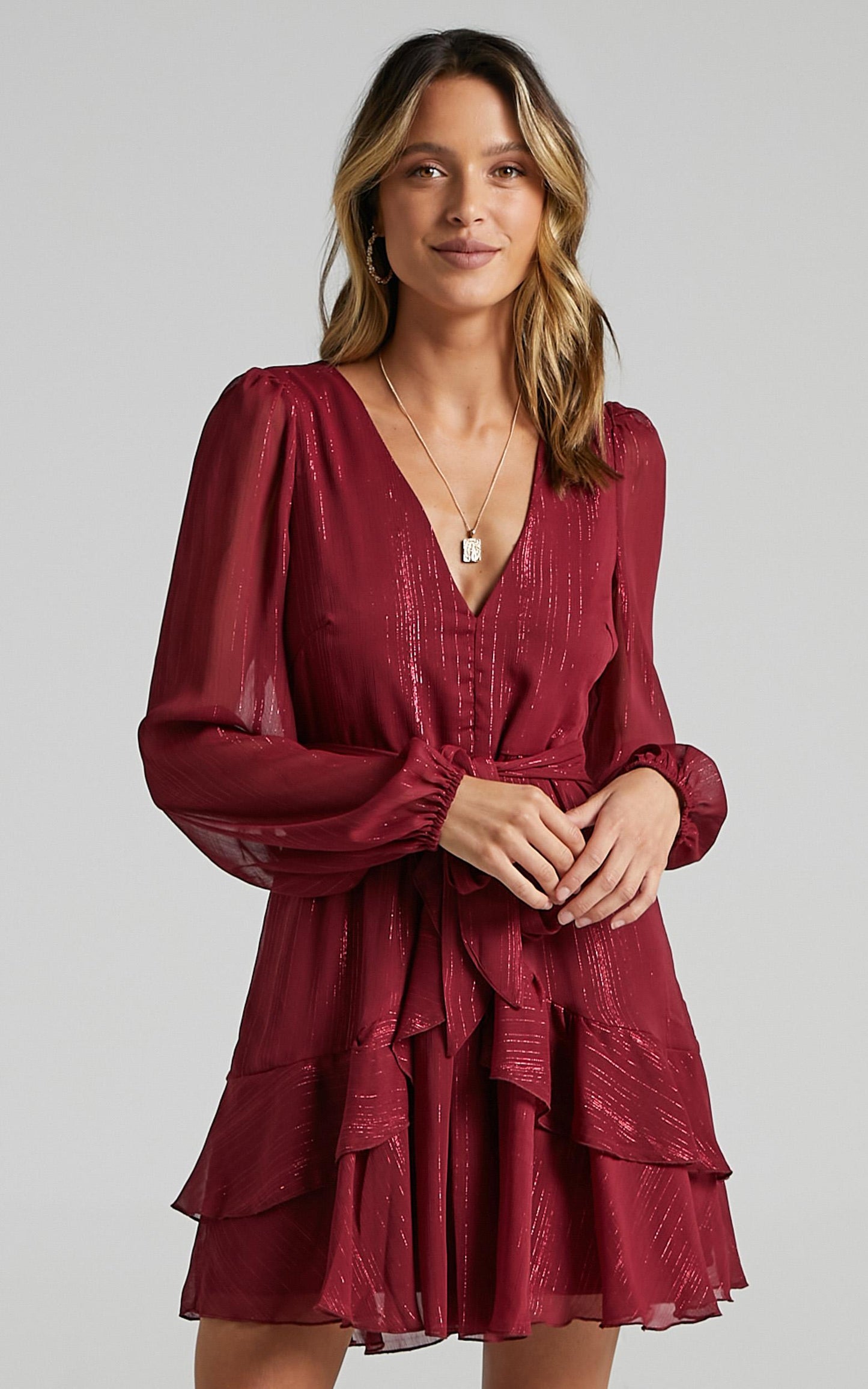 Eyes That Know Me Mini Dress - Long Sleeve Ruffle Dress in Wine