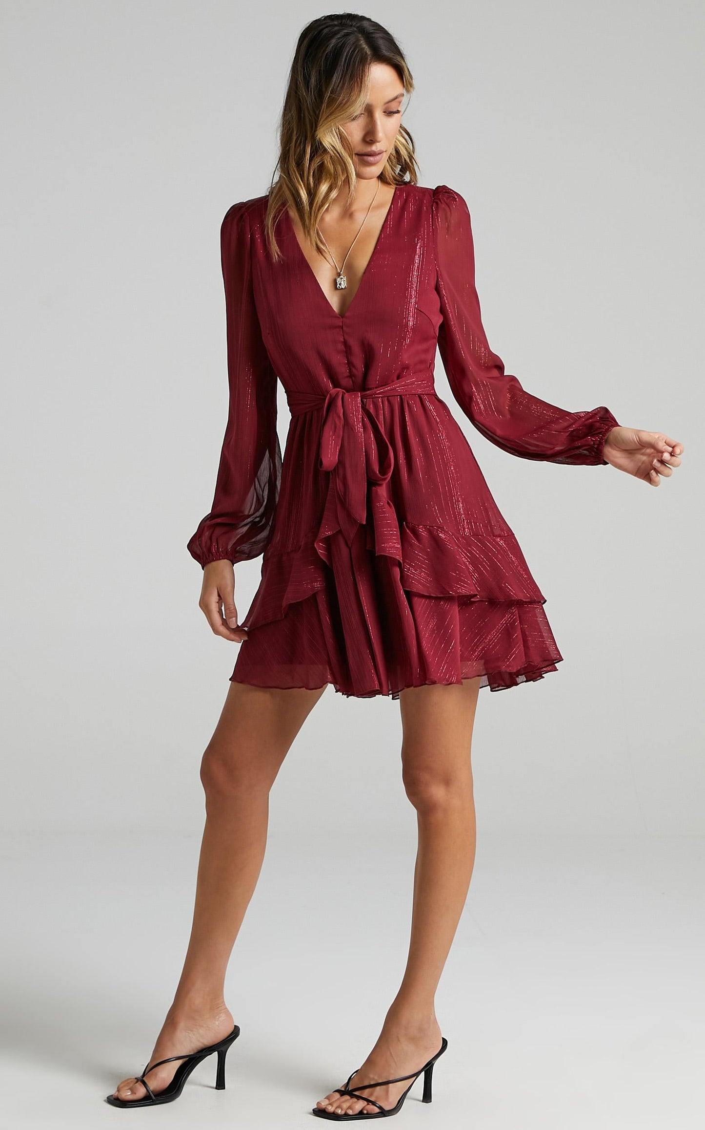 Eyes That Know Me Mini Dress - Long Sleeve Ruffle Dress in Wine